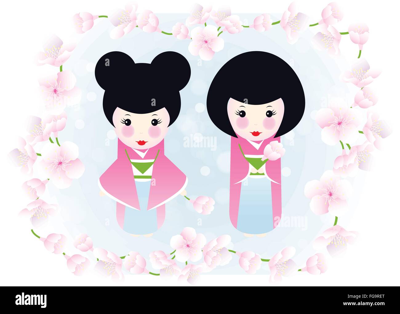 Poupées de Kokeshi et fleurs de cerisier - jolie illustration de deux poupées en bois encadrée de fleurs de cerisier Illustration de Vecteur
