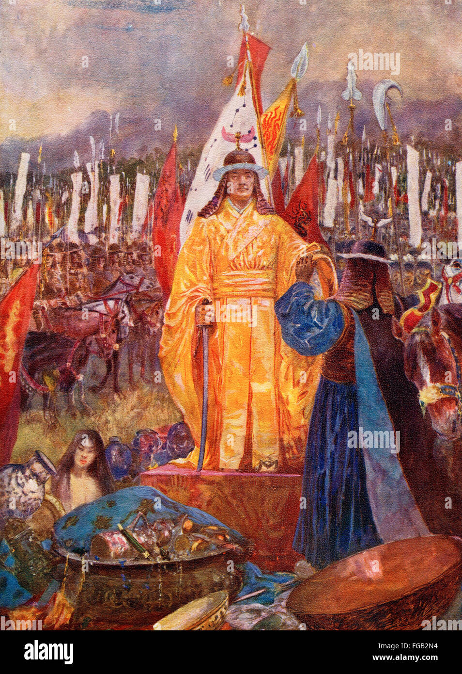 Le Grand maréchal Zhao Kuangyin est proclamé empereur de la dynastie Song sur le champ de bataille après le coup d'état à Chen, pont de la Chine, 960 AD. L'Empereur Taizu des Ming, Zhao Kuangyin, de chanson, 927 - 976 après JC. L'empereur fondateur de la Chine impériale Dynastie Song. Banque D'Images