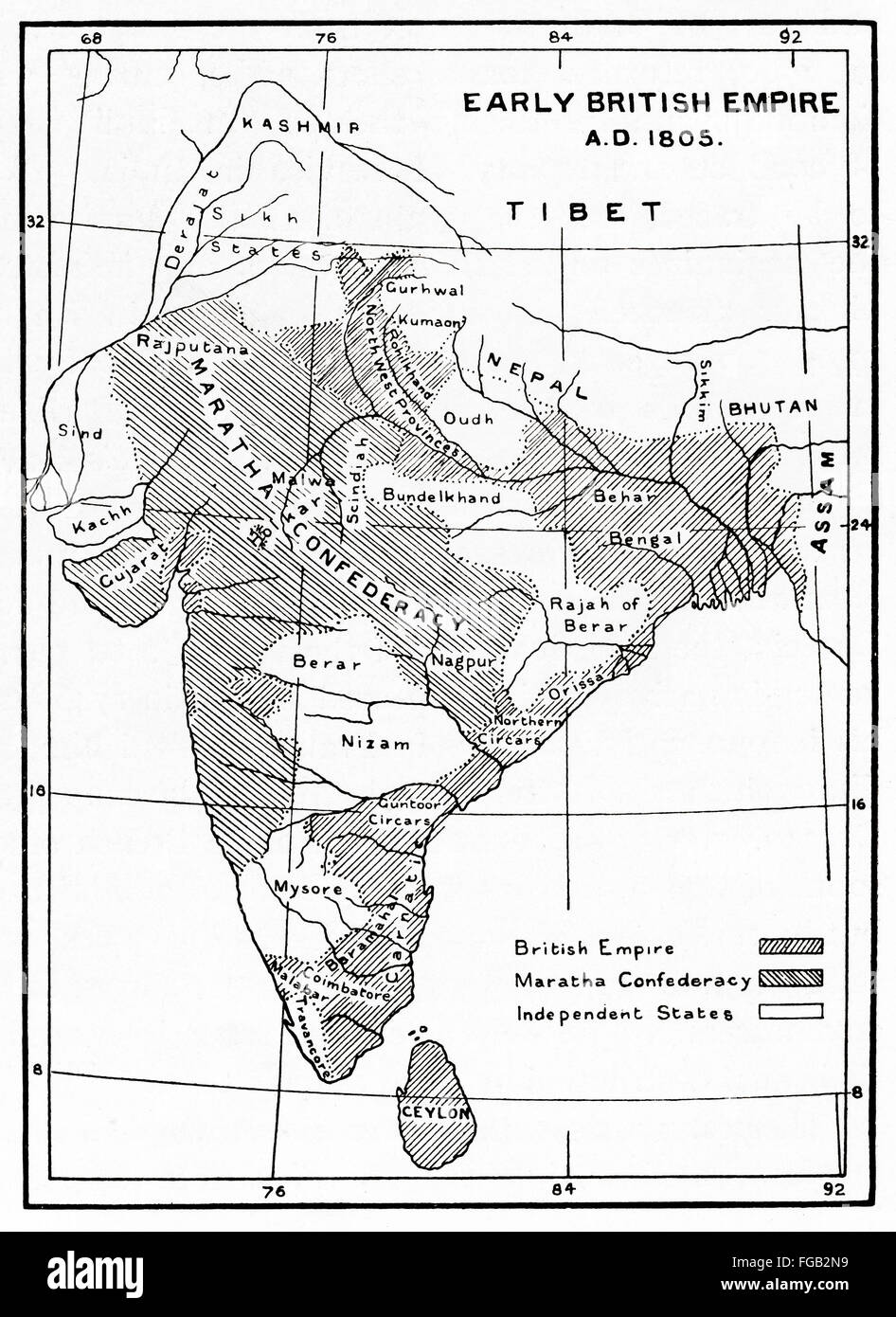 Carte montrant les zones contrôlées par les Anglais en Inde et à Ceylan, 1805. Banque D'Images