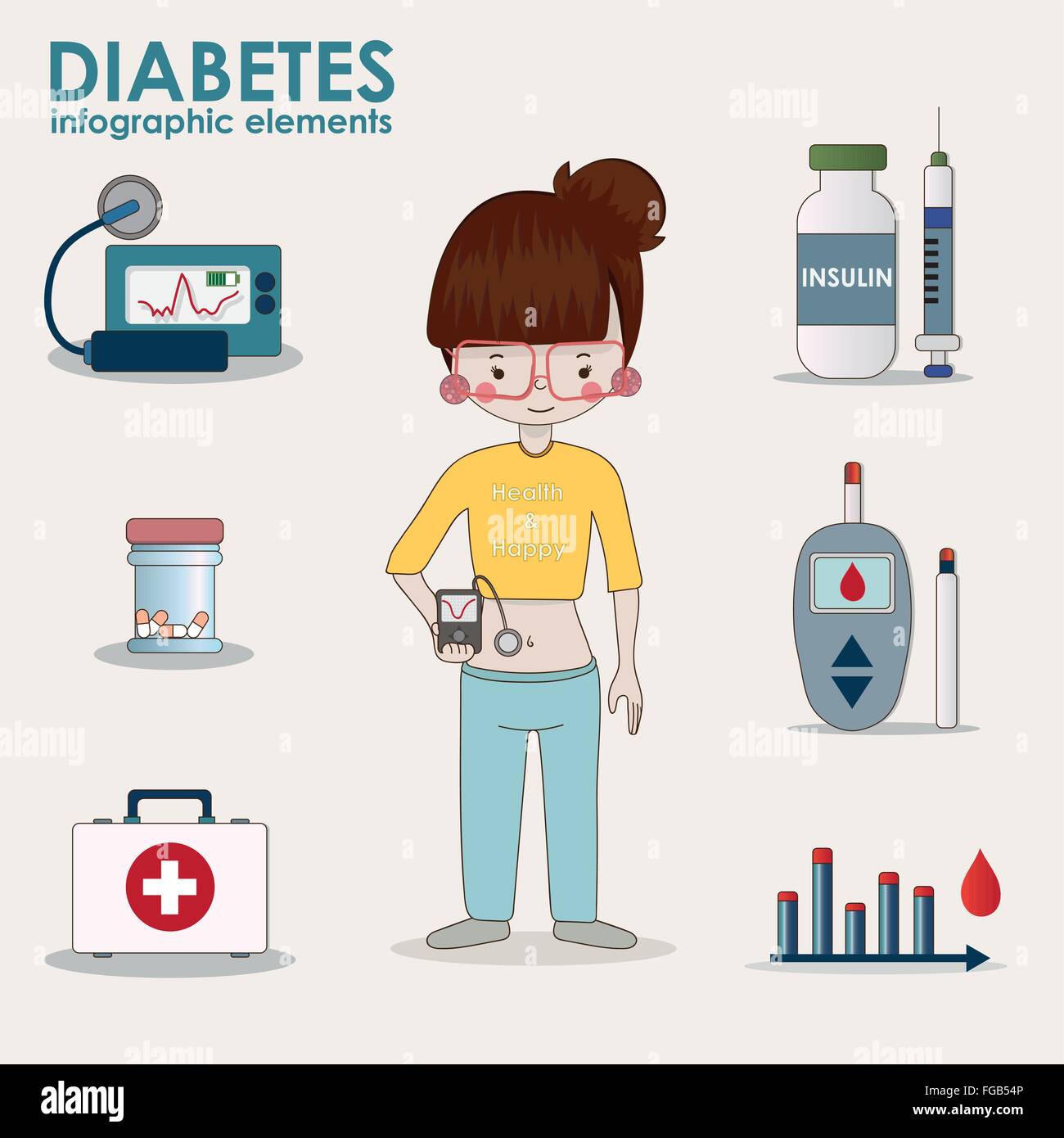Fille diabétique, mesure le taux de sucre dans le sang. Illustration de Vecteur