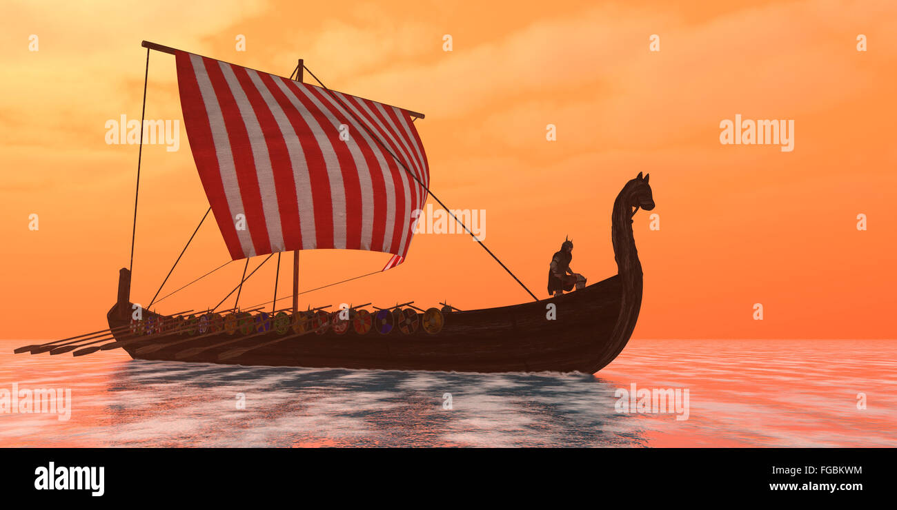 Un longboat Viking voiles à travers les eaux calmes de l'océan jusqu'à leurs destinations pour le commerce de marchandises. Banque D'Images