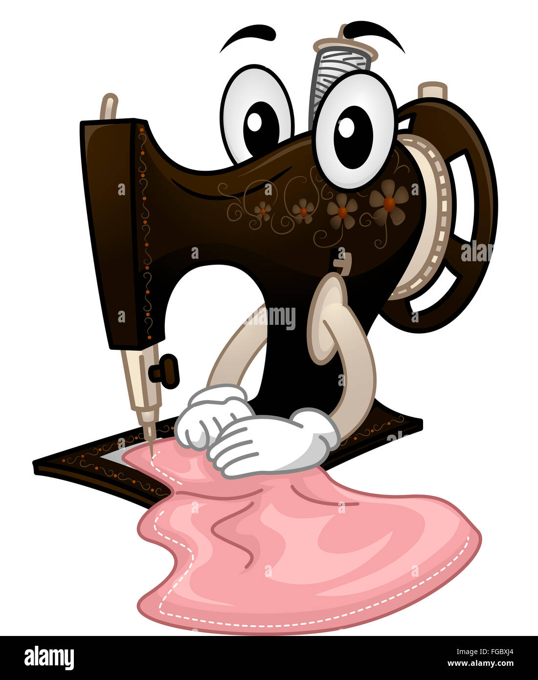 Mascot Illustration d'une machine à coudre Vintage travaillant sur un morceau de tissu Banque D'Images