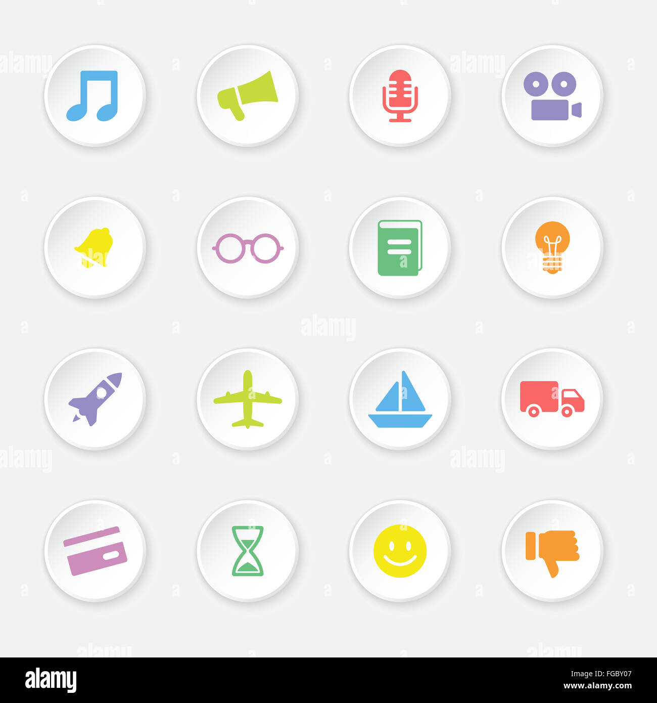 [JPEG] colorful web icon set sur 5 bouton rond blanc avec ombre douce pour la conception web, infographie, l'interface utilisateur et des applications mobiles Banque D'Images