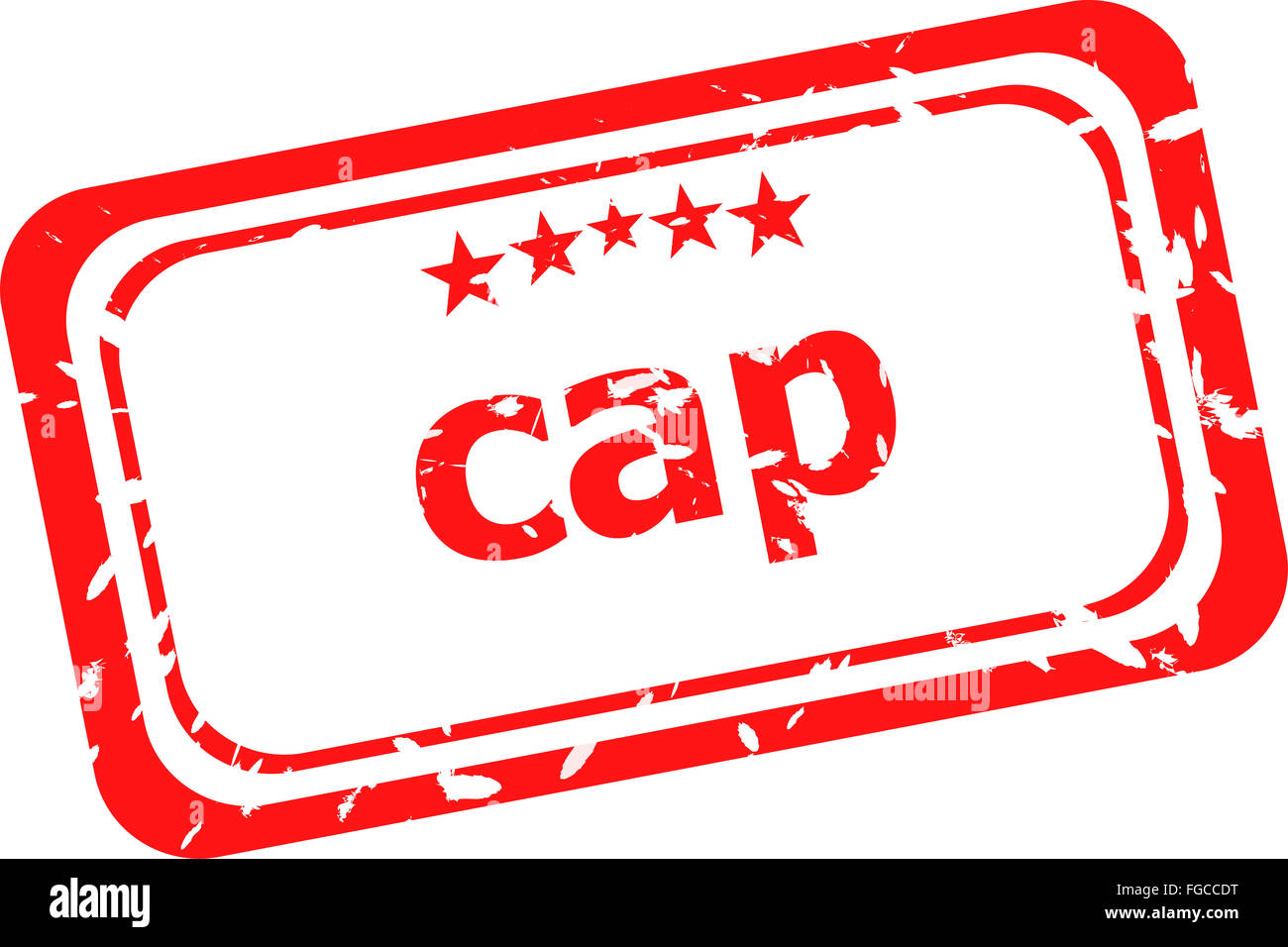 Cap sur les timbres en caoutchouc rouge sur un fond blanc Banque D'Images