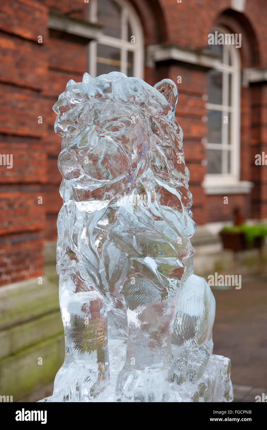 Gros plan sur la sculpture sur glace d'Aslan le Lion sur la piste de glace York North Yorkshire England Royaume-Uni GB Grande-Bretagne Banque D'Images