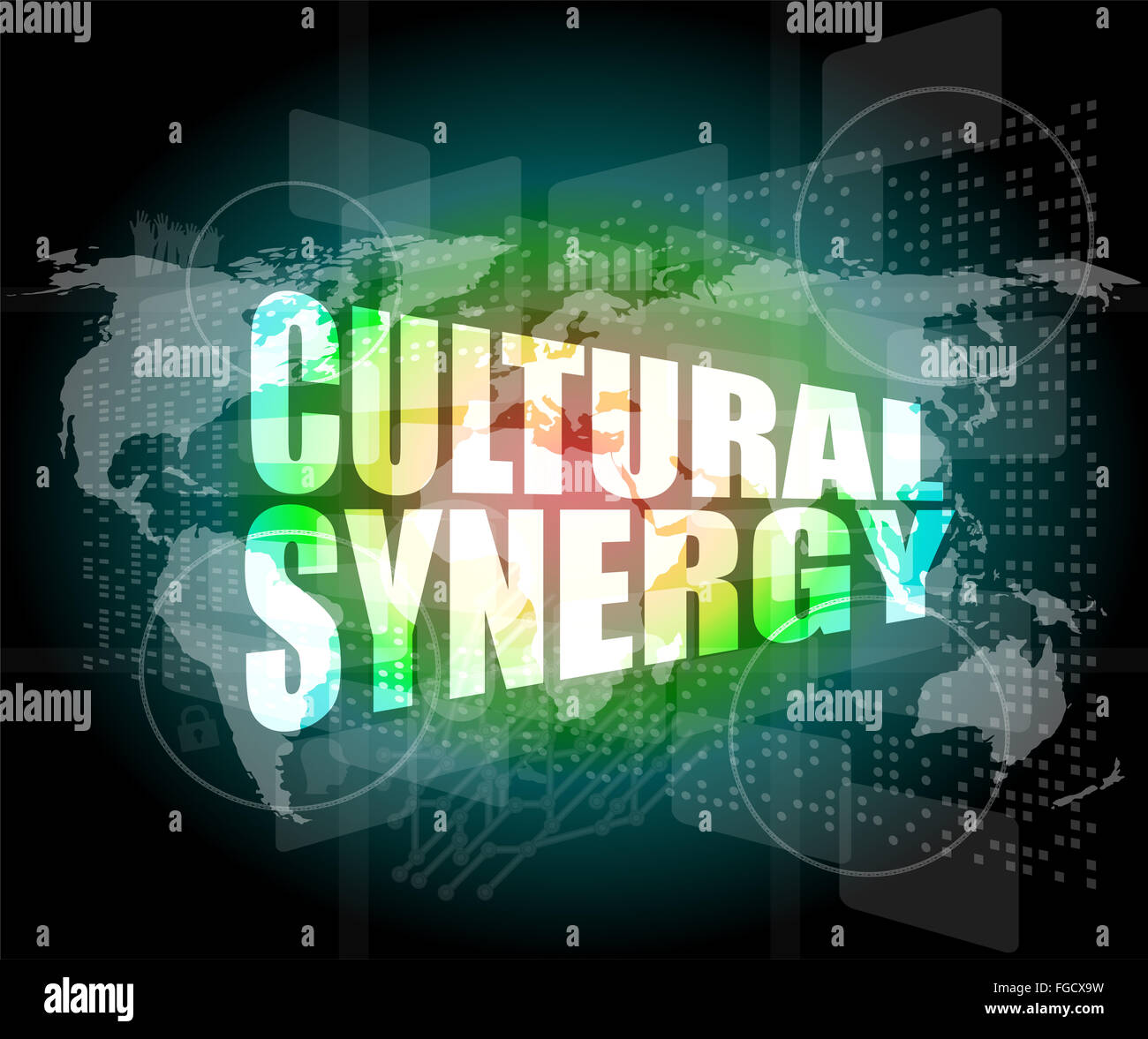 Synergie culturelle mots sur écran numérique avec carte du monde Banque D'Images