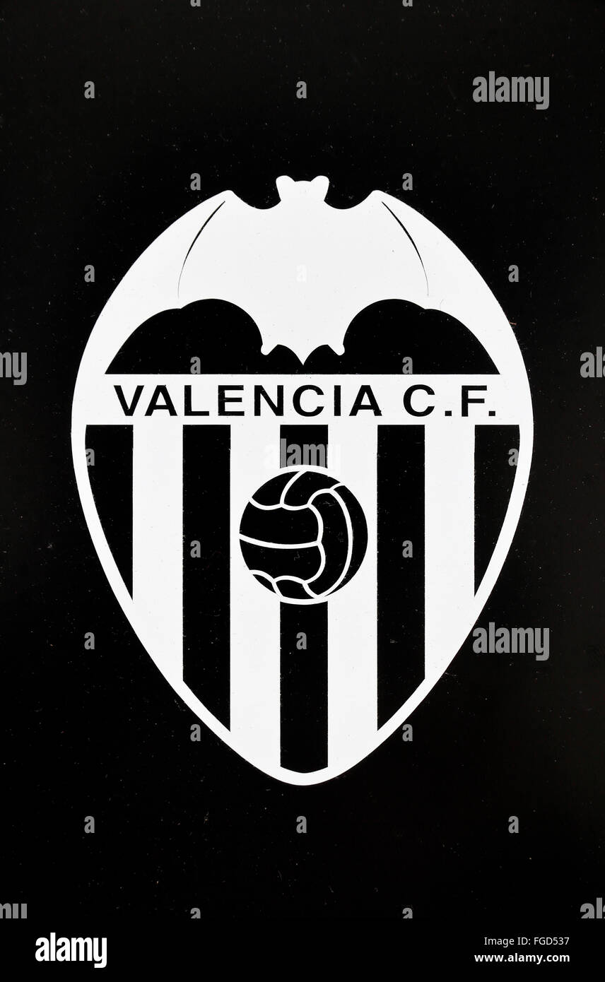 Le Valencia CF La Liga l'équipe de football bat logo au terrain d'entraînement de l'équipe (Ciudad Deportiva de Paterna) à Valence, en Espagne. Banque D'Images