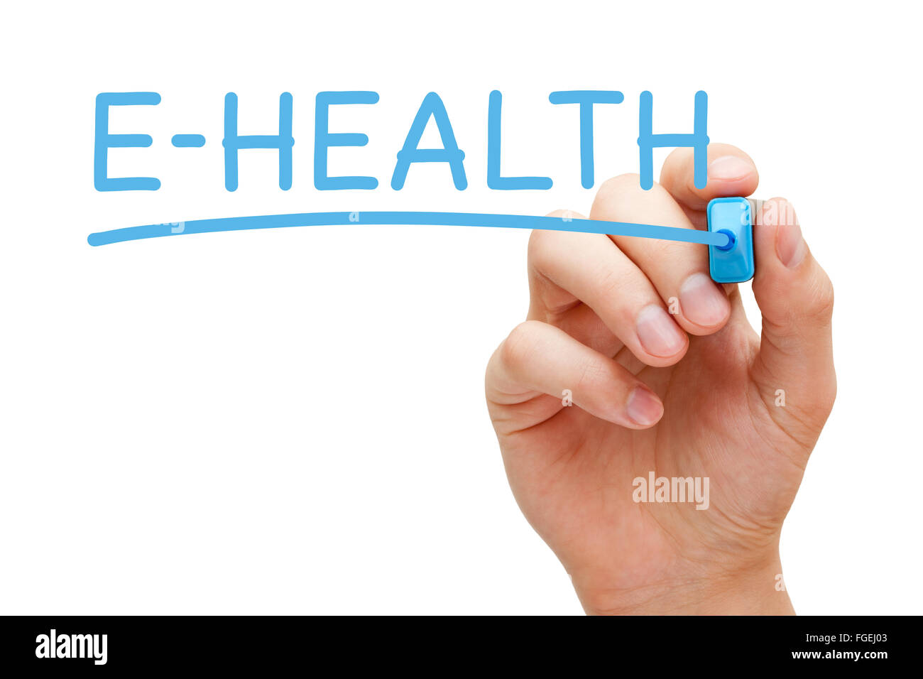 La main l'E-Santé avec marqueur bleu sur transparent essuyer. Banque D'Images