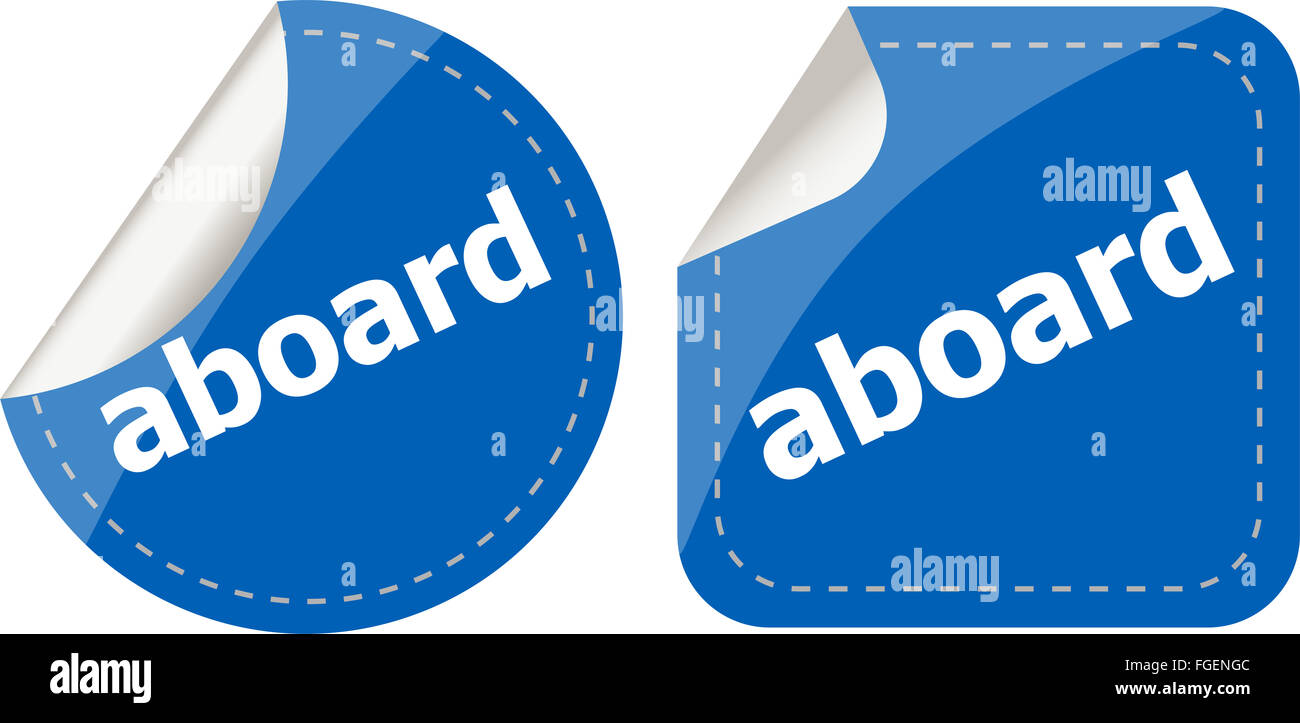 À bord de l'icône de la série autocollants mot isolé sur blanc bouton Banque D'Images