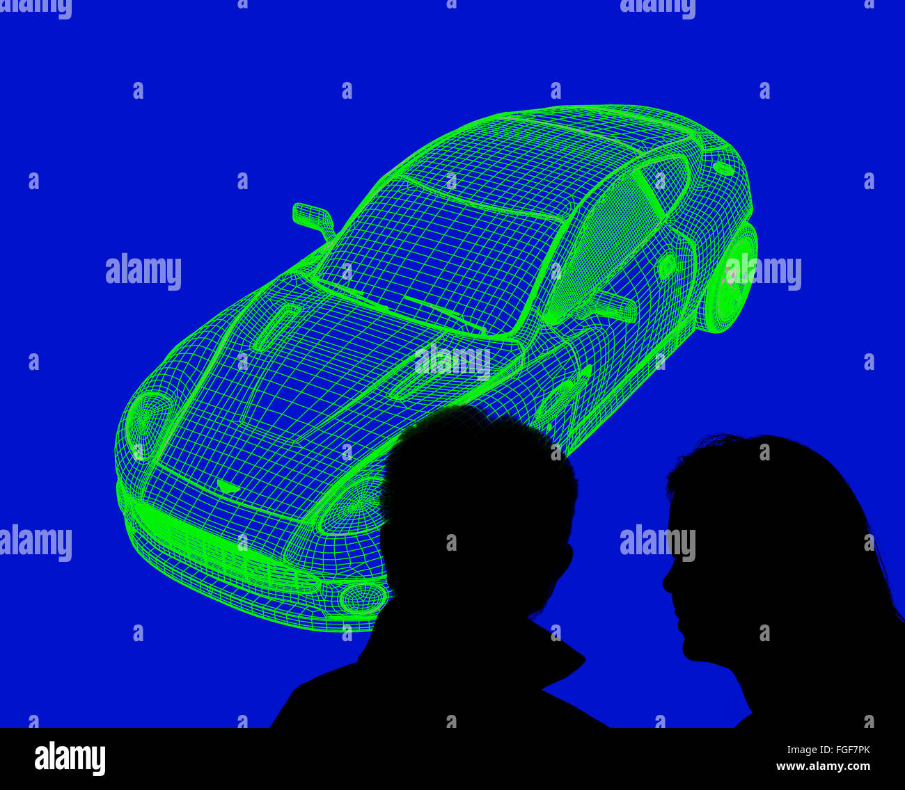 Homme Femme générées par ordinateur, à la conception de voiture futuriste à Banque D'Images