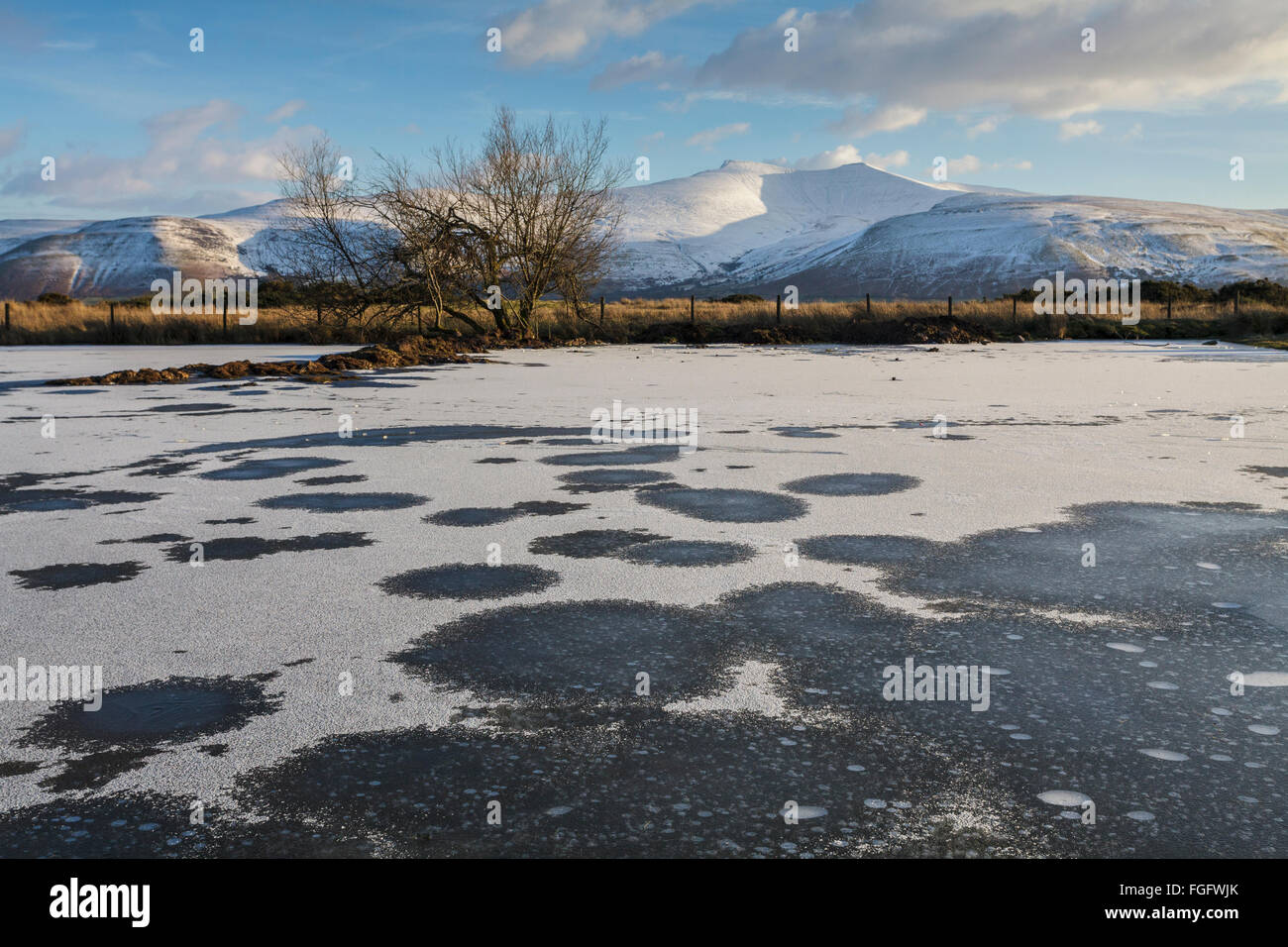 Un étang gelé sur Mynydd commun Illtud Brecon Beacons National Park en hiver. Banque D'Images