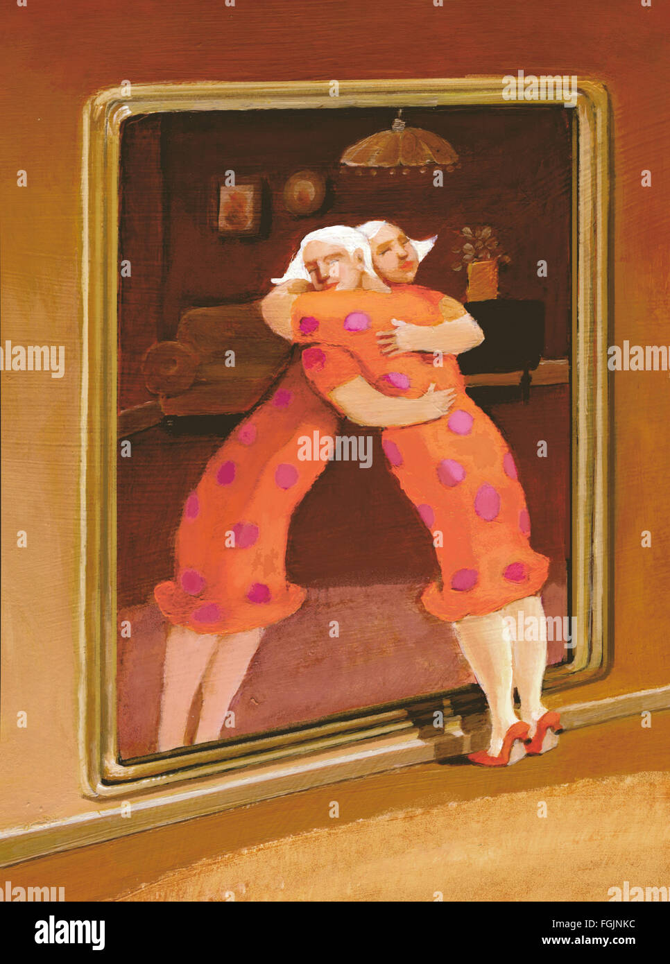 Une femme embrasse son image dans le miroir Banque D'Images