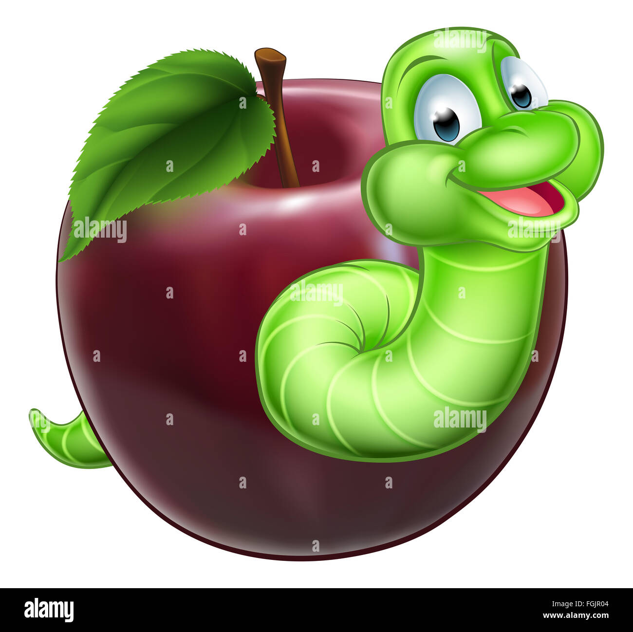 Une happy smiling cute cartoon vert ver caterpillar sortant de l'apple Banque D'Images