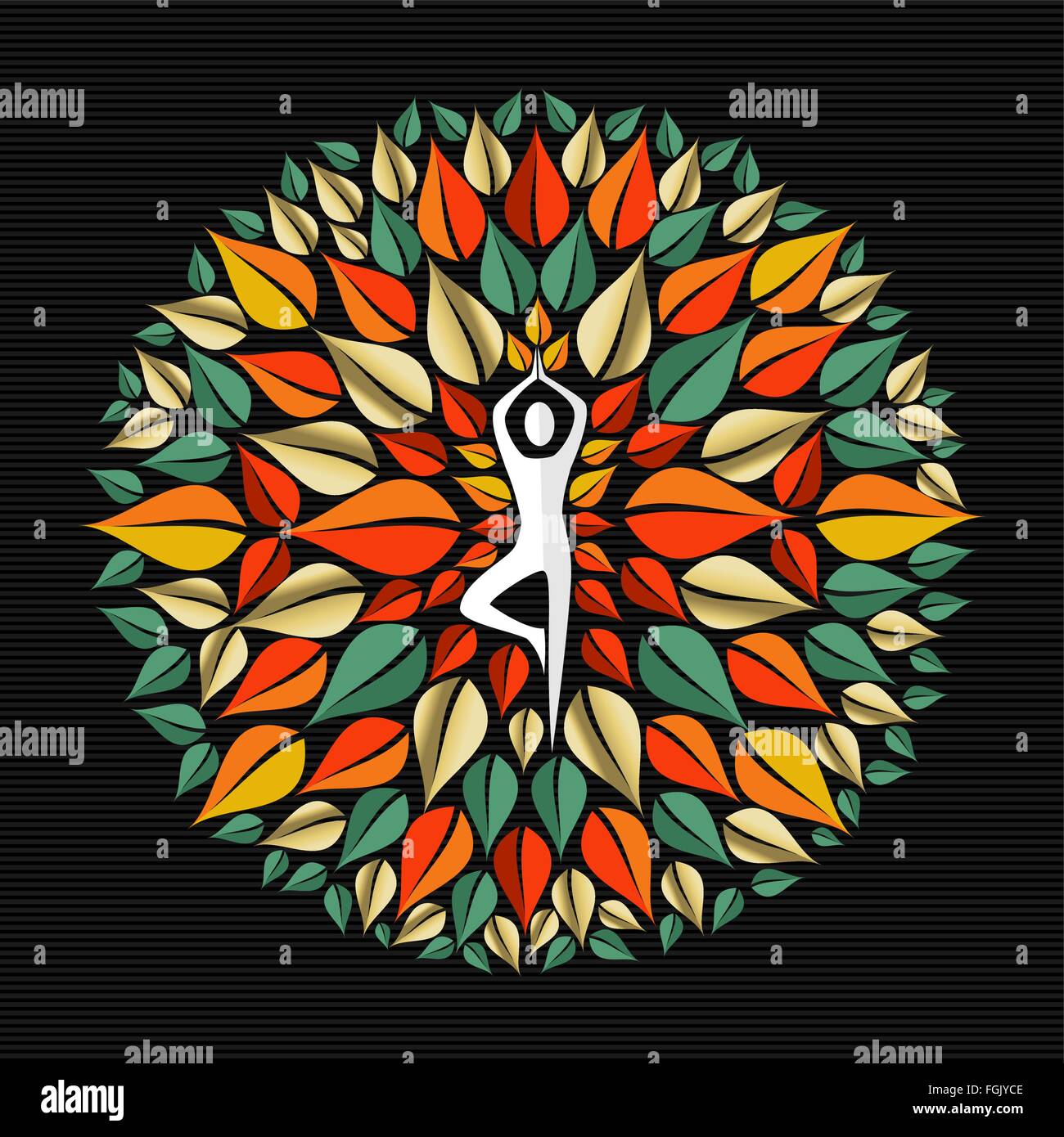 Mandala faite de feuilles d'arbres avec ossature faisant yoga pose dans le centre, la nature concept illustration. Vecteur EPS10. Illustration de Vecteur