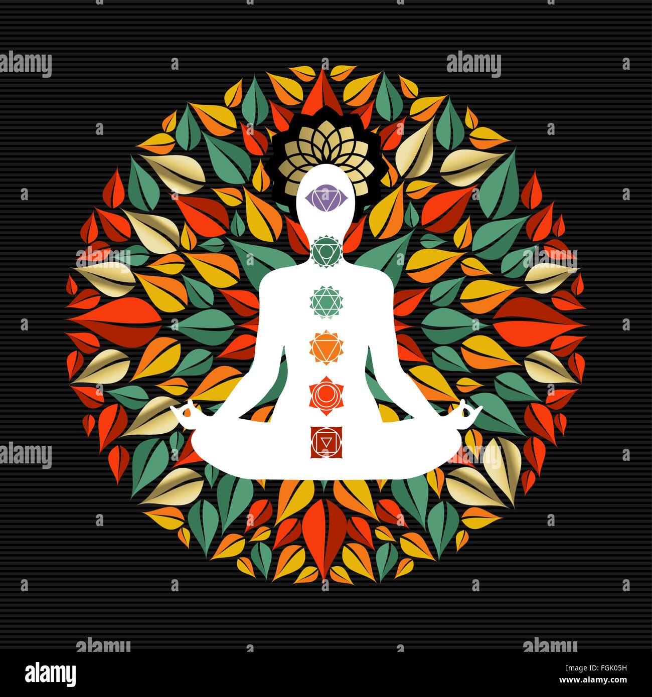 Mandala faite de feuilles d'arbres avec silhouette corps faisant du yoga lotus poser et chakra d'icônes. Vecteur EPS10. Illustration de Vecteur