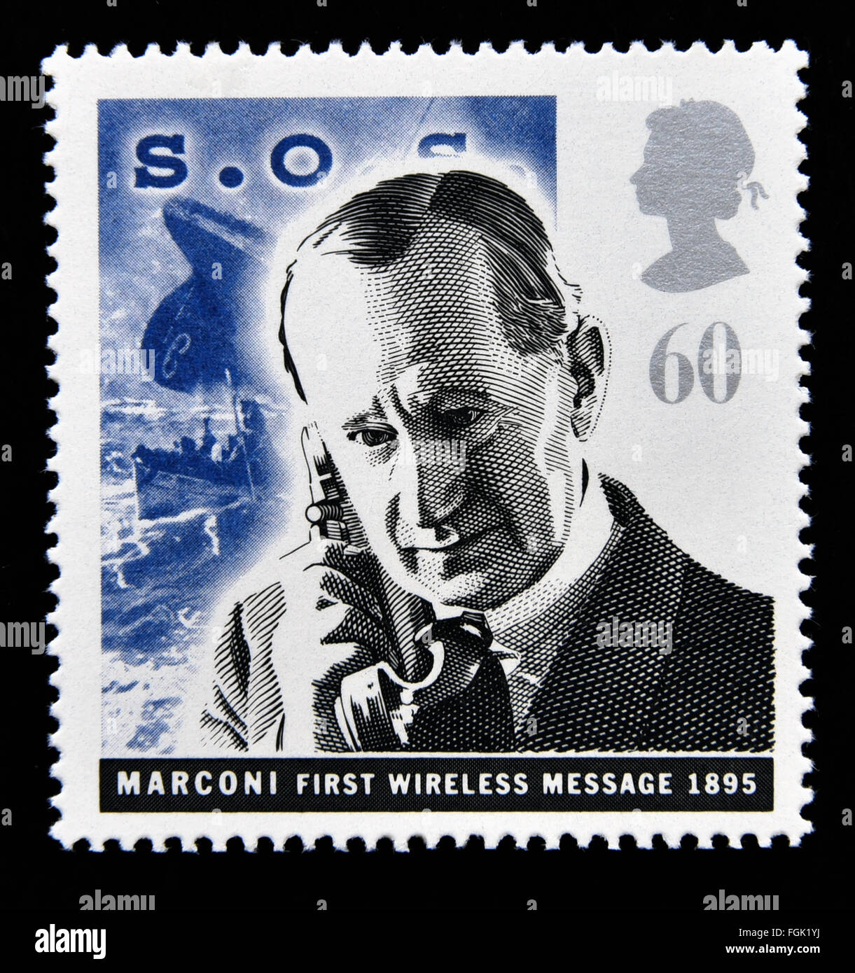 Timbre-poste. La Grande-Bretagne. La reine Elizabeth II. 1995. Pionniers de Marconi Communications.Premier message 1895. Banque D'Images