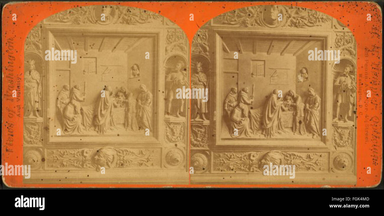 Une photographie de la collection Robert N. Dennis montrant le panneau de bronze de Randolph Rogers représentant le lit de la mort de Christophe Colomb, situé sur les portes du Capitole, symbolisant des événements historiques. Banque D'Images