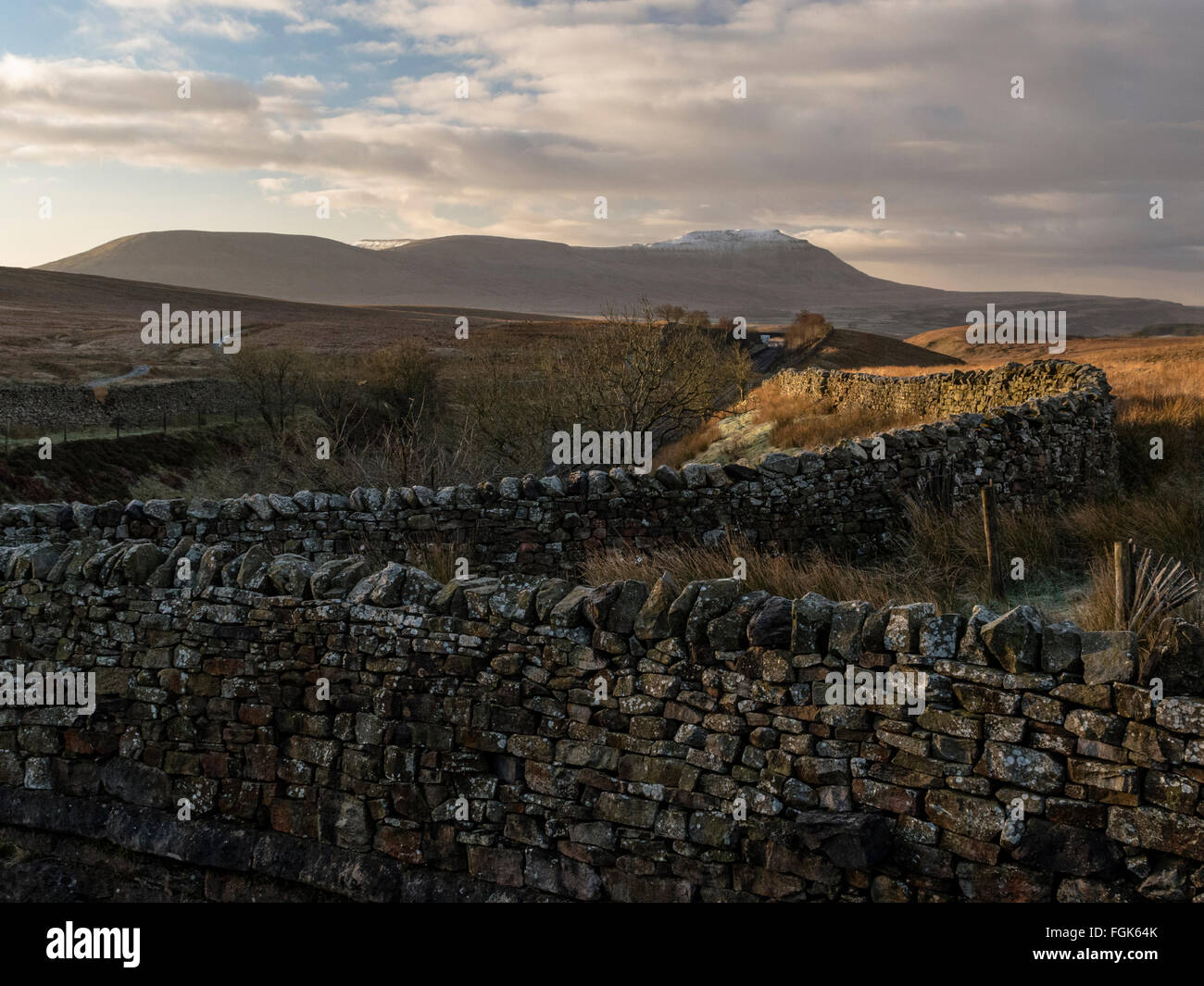 Paysage de murs de pierres sèches sur une Ingleborough en hiver Banque D'Images