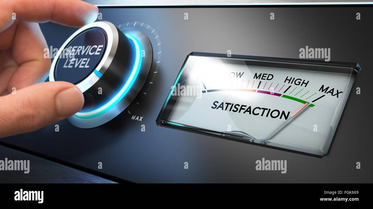 Part tourner un bouton de niveau de service jusqu'à concurrence d'une ligne téléphonique où il est écrit le mot satisfaction. Image Concept pour mauvais Banque D'Images