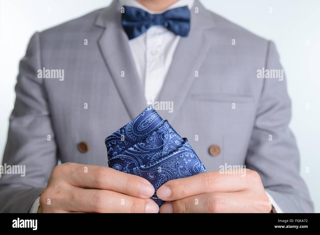 Lhomme En Costume Gris Texture Plaid Bleu Nœud Papillon
