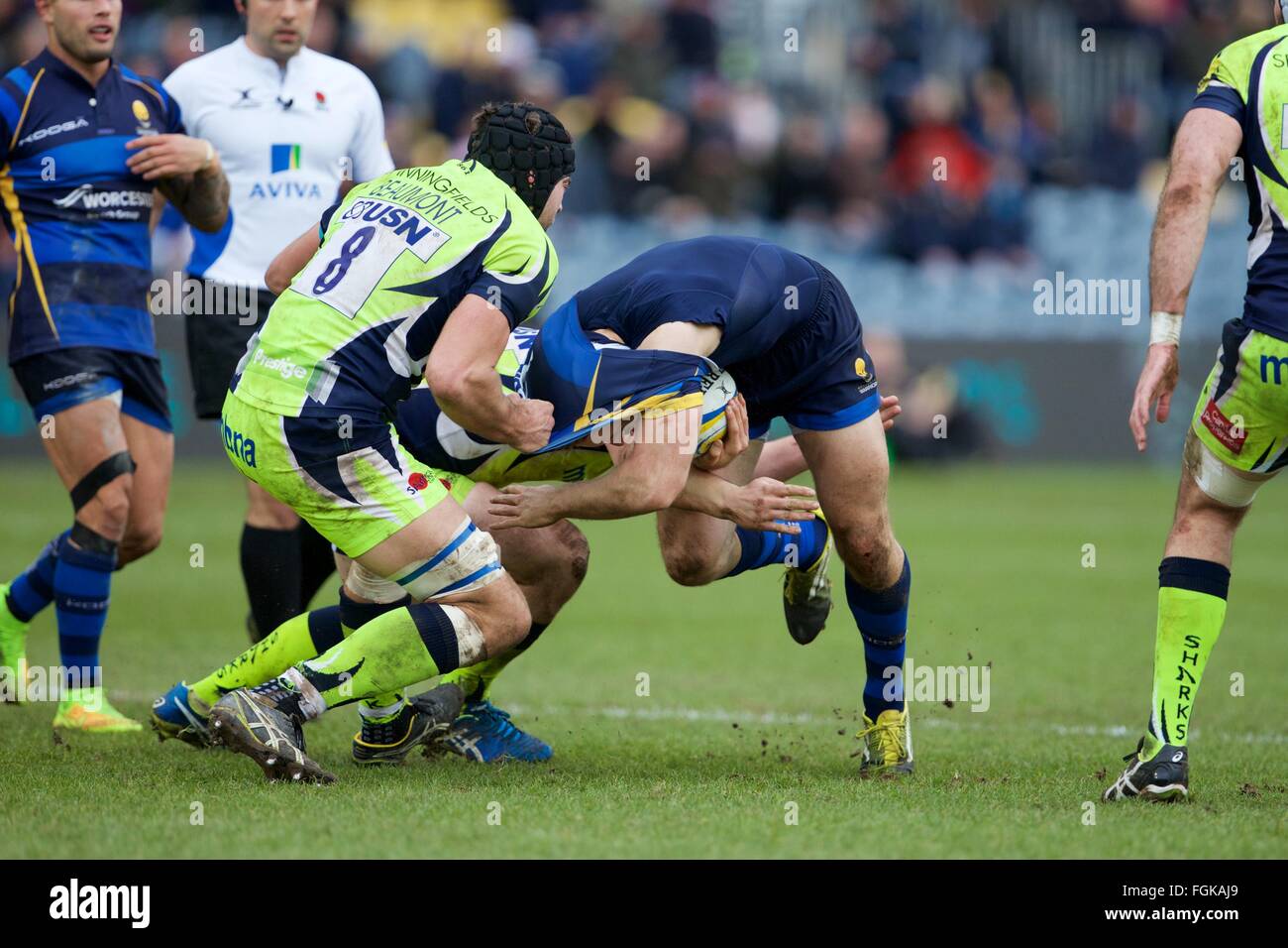 Sixways Stadium, Worcester, Royaume-Uni. Feb 20, 2016. Aviva Premiership. Worcester Warriors contre les Sale Sharks. Sale Sharks numéro 8 Josh Beaumont déchire la chemise d'un joueur de Worcester. Credit : Action Plus Sport/Alamy Live News Banque D'Images