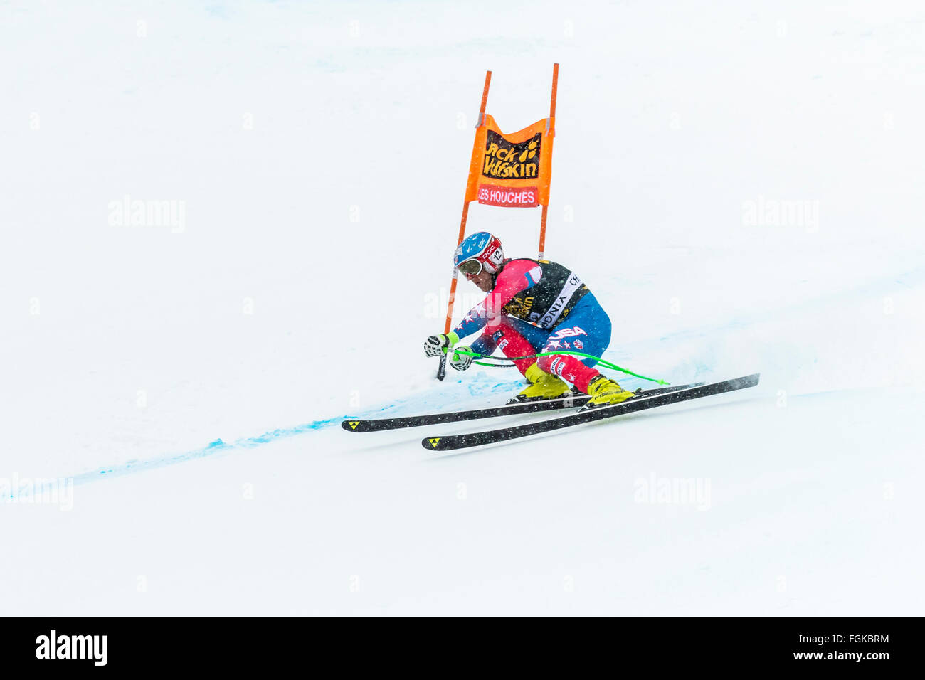Chamonix, France. 20 Février, 2016. Membre de l'équipe de ski USA Steven NYMAN skié au podium à la 2e place. L'Audi Coupe du Monde 9e Men's downhill ont eu lieu à Chamonix, France avec un 'jour blanc' (ciel gris et télévision la lumière) et une neige légère. Le podium était - 1- PARIS Dominik (ITA) 1:58,38 2- Steven NYMAN (USA) 1:58,73 3- Beat FEUZ (SUI) 1:58,77 AUDI FIS Ski World Cup 2015-2016 : Crédit Genyphyr Novak/Alamy Live News Banque D'Images