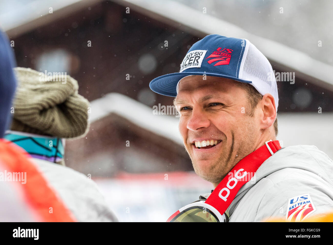 Chamonix, France. 20 Février, 2016. Steve NYMAN des USA ski team. L'Audi Coupe du Monde 9e Men's downhill ont eu lieu à Chamonix, France avec un 'jour blanc' (ciel gris et télévision la lumière) et une neige légère. Le podium était - 1- PARIS Dominik (ITA) 1:58,38 2- Steven NYMAN (USA) 1:58,73 3- Beat FEUZ (SUI) 1:58,77 AUDI FIS Ski World Cup 2015-2016 : Crédit Genyphyr Novak/Alamy Live News Banque D'Images
