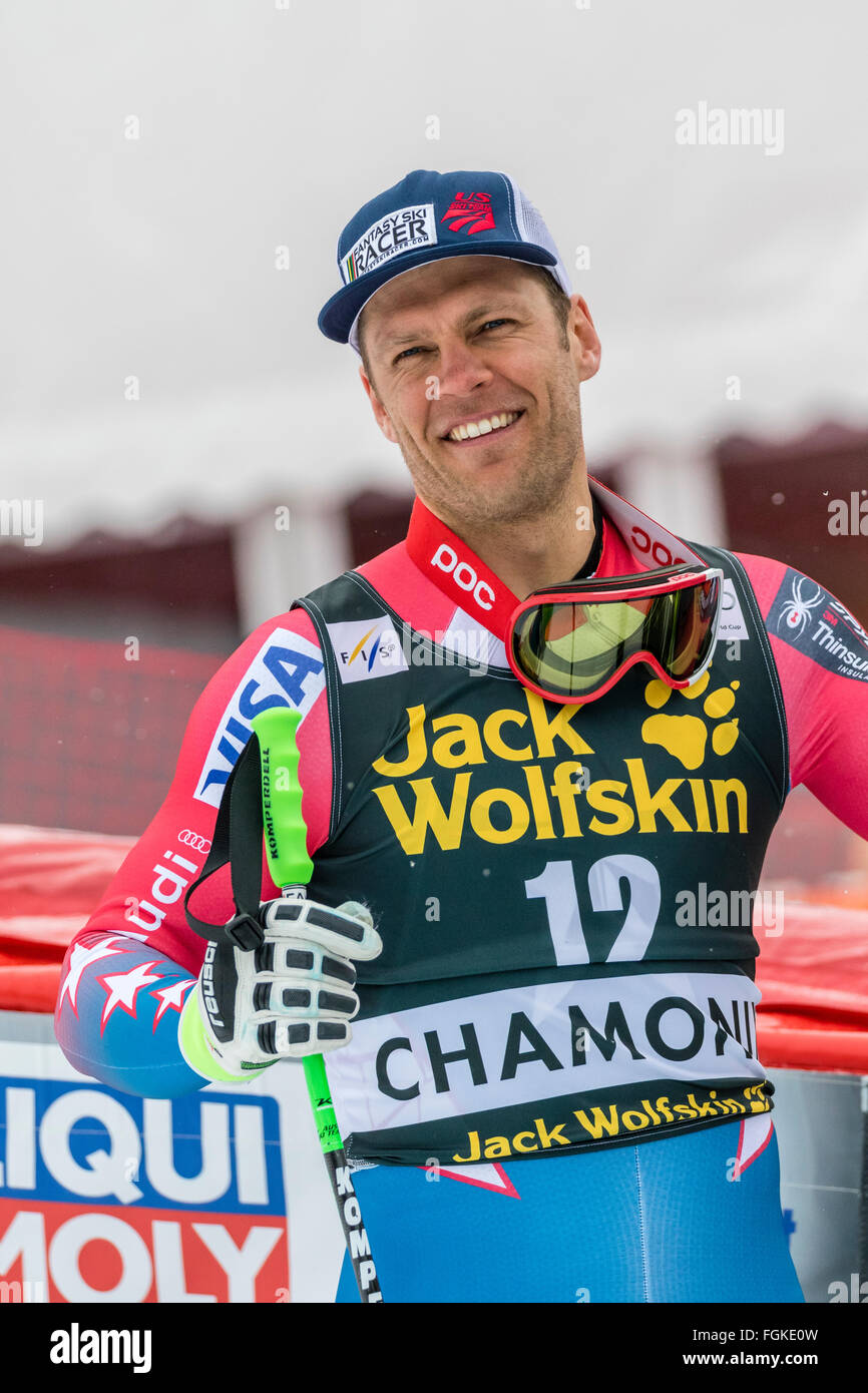 Chamonix, France. 20 Février, 2016. Steven NYMAN des USA ski team. L'Audi Coupe du Monde 9e Men's downhill ont eu lieu à Chamonix, France avec un 'jour blanc' (ciel gris et télévision la lumière) et une neige légère. Le podium était - 1- PARIS Dominik (ITA) 1:58,38 2- Steven NYMAN (USA) 1:58,73 3- Beat FEUZ (SUI) 1:58,77 AUDI FIS Ski World Cup 2015-2016 : Crédit Genyphyr Novak/Alamy Live News Banque D'Images