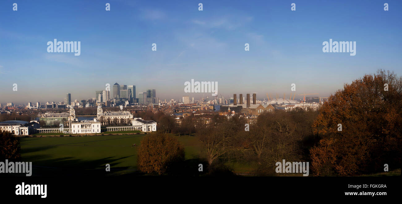 Voir Greenwich Canary Wharf Londres colline vista sky Banque D'Images