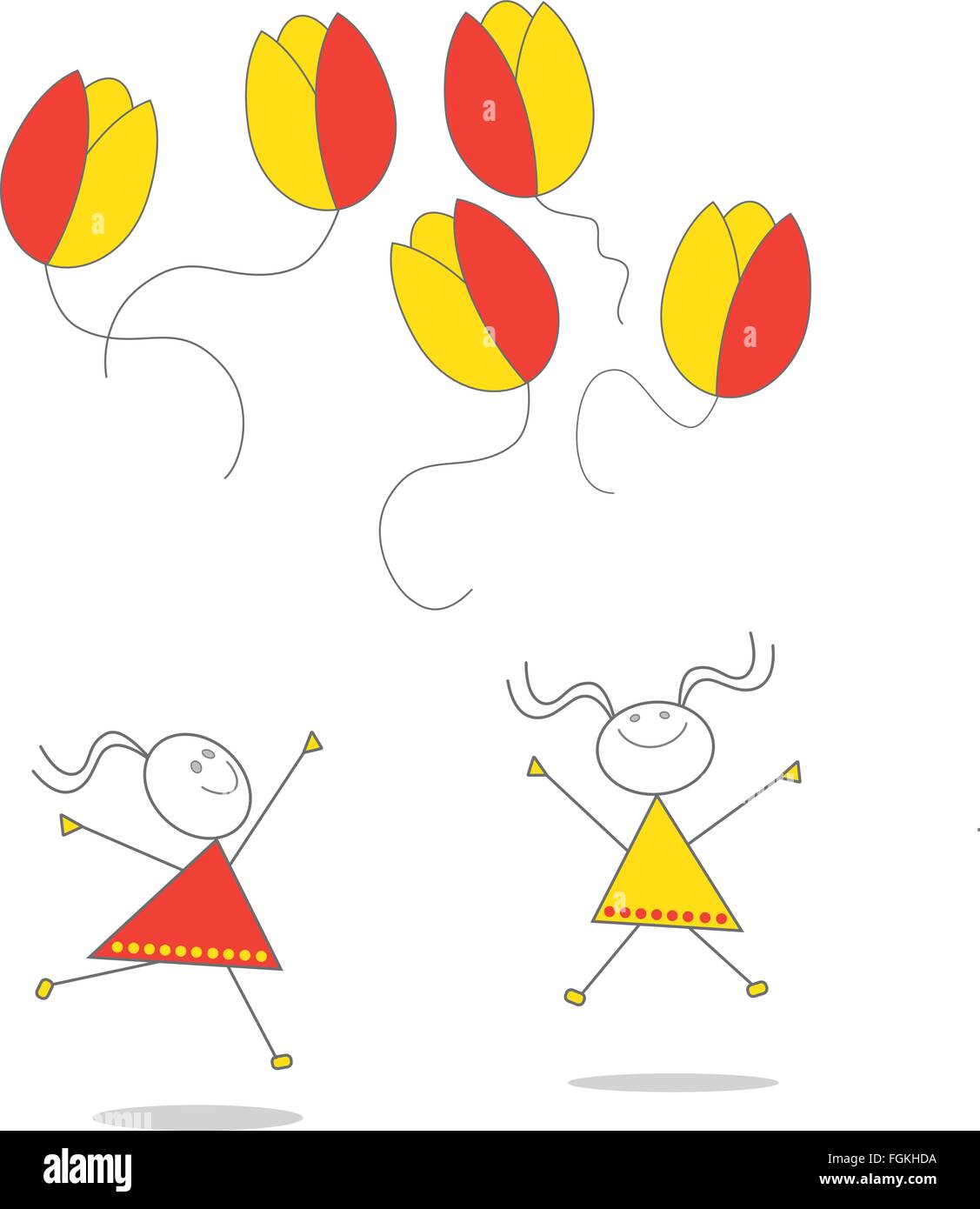 Vector - Deux petites filles avec des fleurs-ballons. Illustration de Vecteur