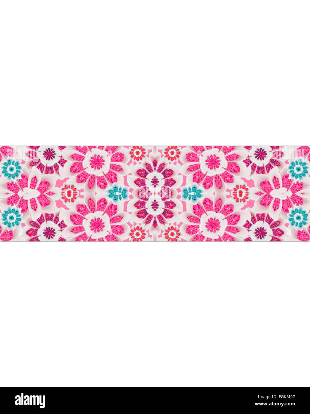 Fond blanc avec de belles fleurs stylisées motif design frontière centrale dans des tons rose et cyan. Banque D'Images