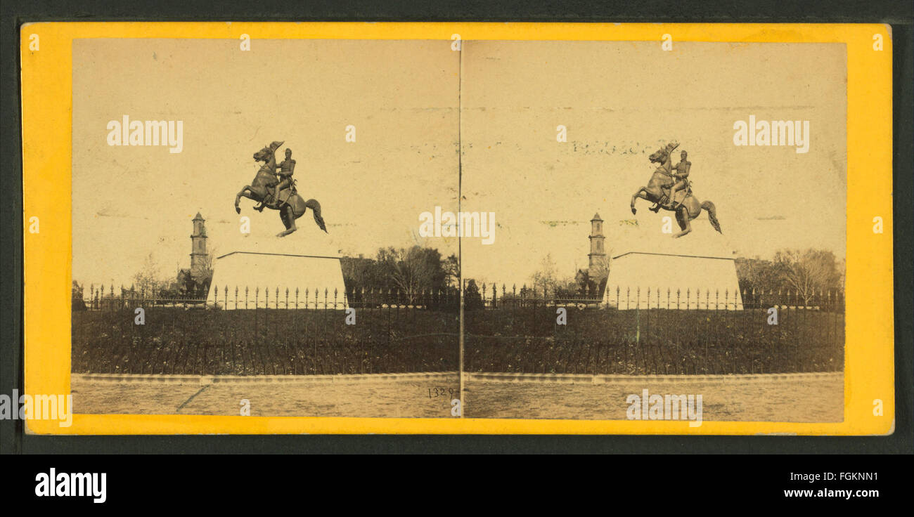 La statue en bronze d'Andrew Jackson, située à Lafayette Square, est un monument historique créé par la firme E. & H.T. Anthony, représentant le rôle de Jackson dans l'histoire américaine. Banque D'Images