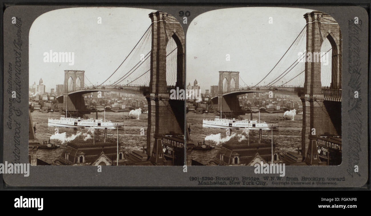 Pont de Brooklyn, W.N.W. (L'ouest-nord-ouest) de Brooklyn à Manhattan, New York City, à partir de Robert N. Dennis collection de vues stéréoscopiques Banque D'Images