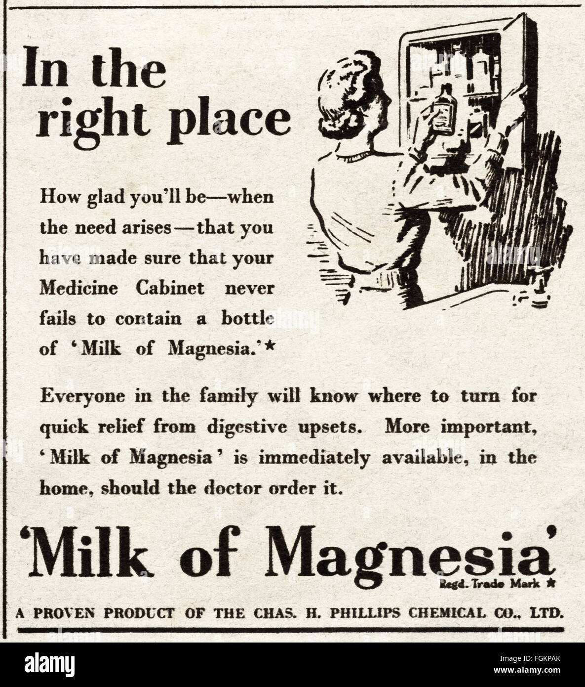 Vintage Original advert à partir de 1940. Publicité La publicité 1947 du lait de magnésie. Banque D'Images