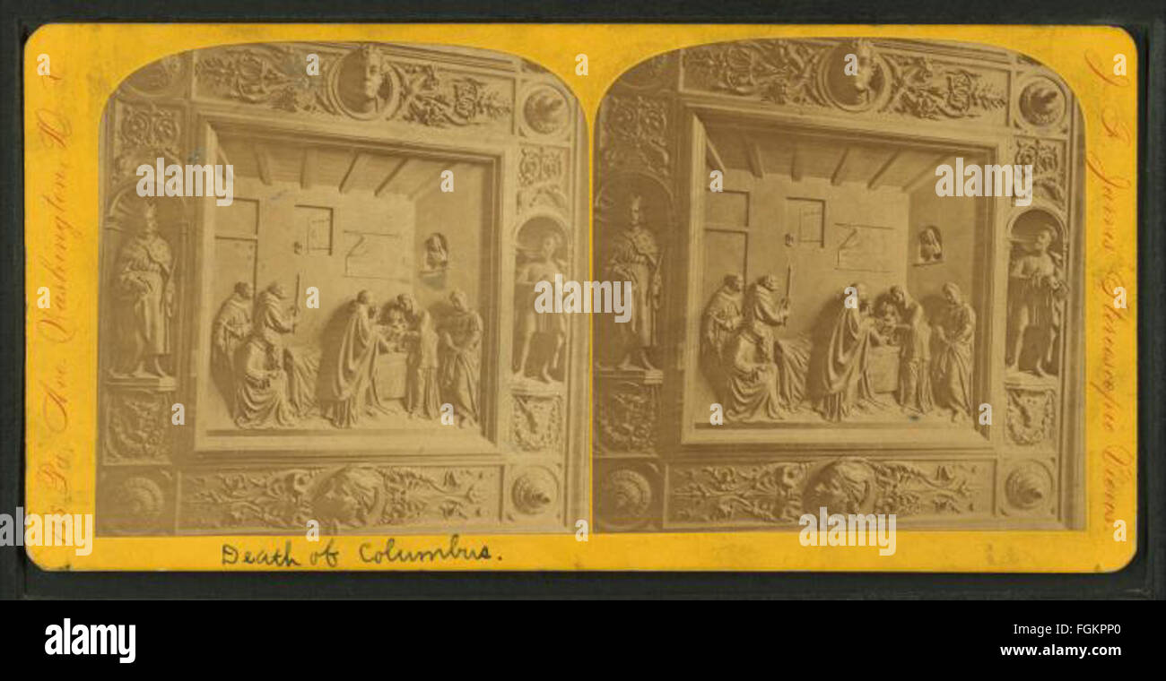 La peinture de John F. Jarvis *Death-bed of Columbus* capture les derniers moments de Christophe Colomb, reflétant la fin dramatique de sa vie. L'œuvre représente Colomb entouré de sa famille et de ses compagnons, avec une intensité émotionnelle marquant ce moment historique. Banque D'Images