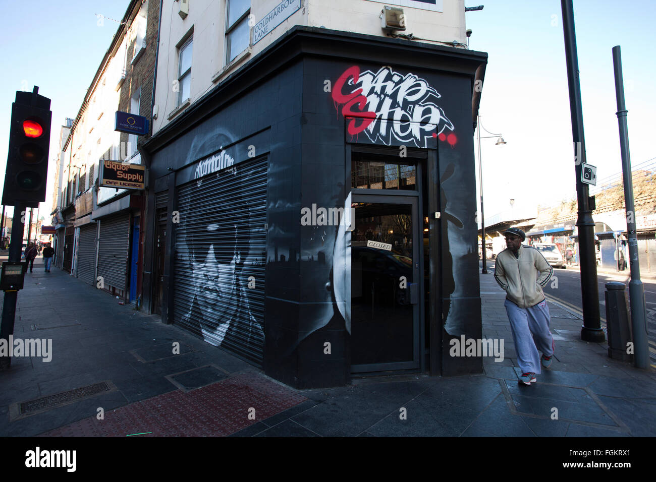 Chip Shop BXTN, Hip-hop et du poisson à thème friterie à Brixton, servant du poisson frais et des plats de fruits de mer, dans le sud de Londres, Angleterre, RU Banque D'Images