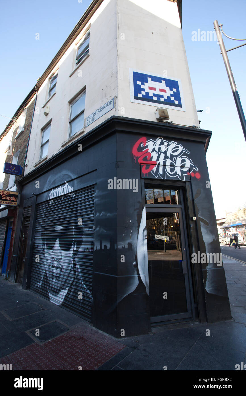 Chip Shop BXTN, Hip-hop et du poisson à thème friterie à Brixton, servant du poisson frais et des plats de fruits de mer, dans le sud de Londres, Angleterre, RU Banque D'Images