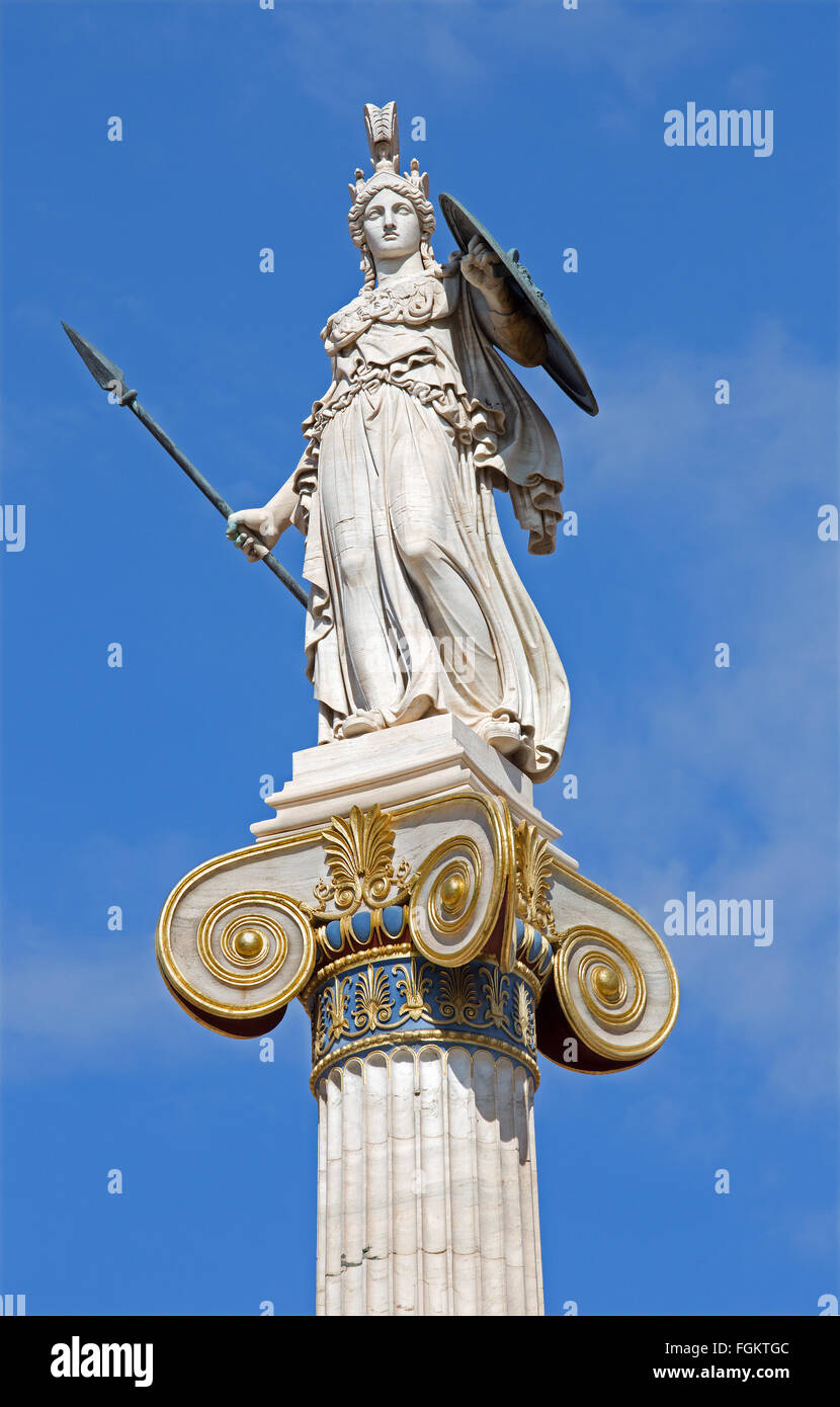 Athènes - La statue d'Athéna sur la colonne en face de l'Académie nationale des capacités par Leonidas Drosis (à partir de 19 100.). Banque D'Images