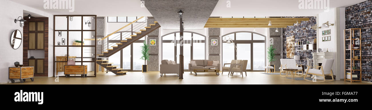 Appartement loft moderne panorama de l'intérieur, salle de séjour, hall, escalier, cheminée, 3D Rendering Banque D'Images