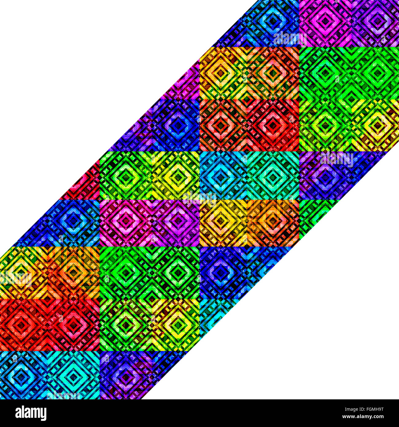 Art numérique et diamants géométrique abstrait motif rayures diagonales des carrés dans l'éclat des couleurs multicolores contre white ba Banque D'Images