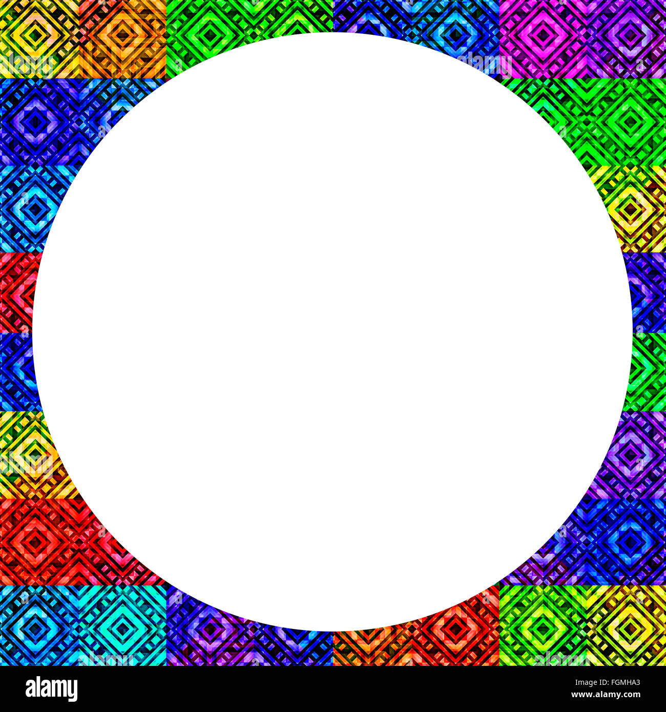 L'art numérique et sur les places des diamants géométrique abstrait motif motif multicolore en couleurs vives contre circle frame white zone Banque D'Images