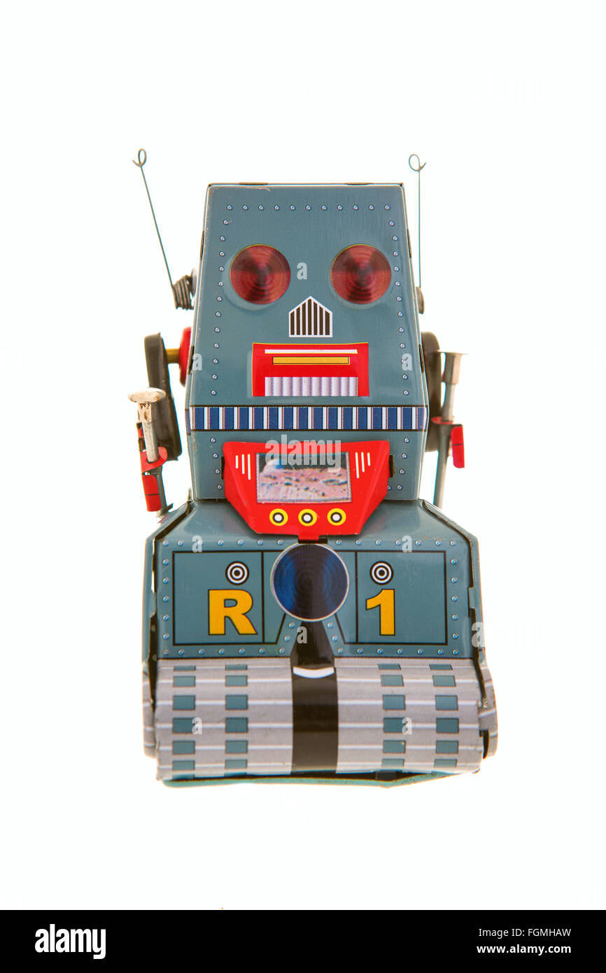 Clockwork Tin Retro Robot sur un fond blanc Banque D'Images