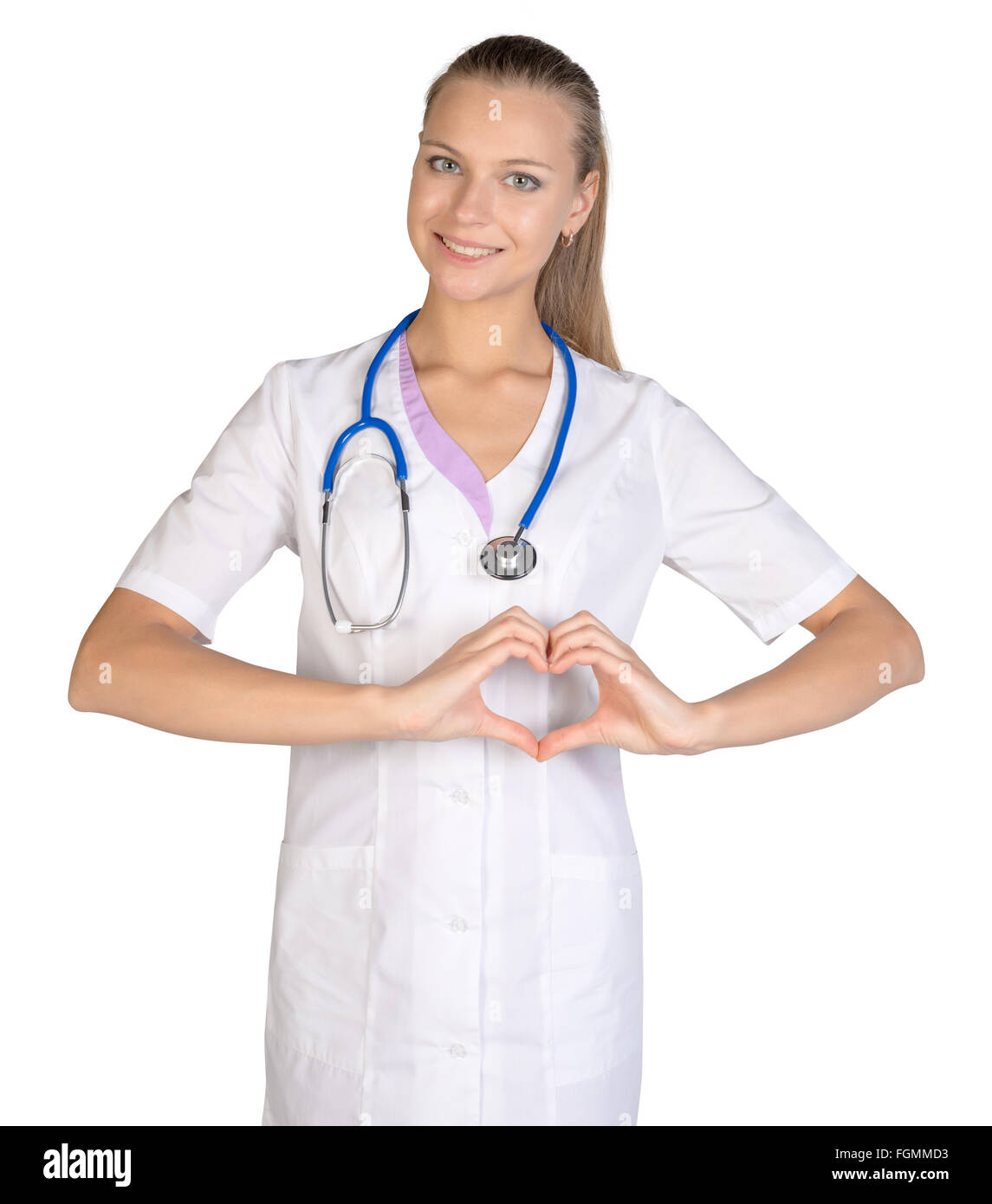 Montre stagiaire signe main coeur. Fond blanc Banque D'Images