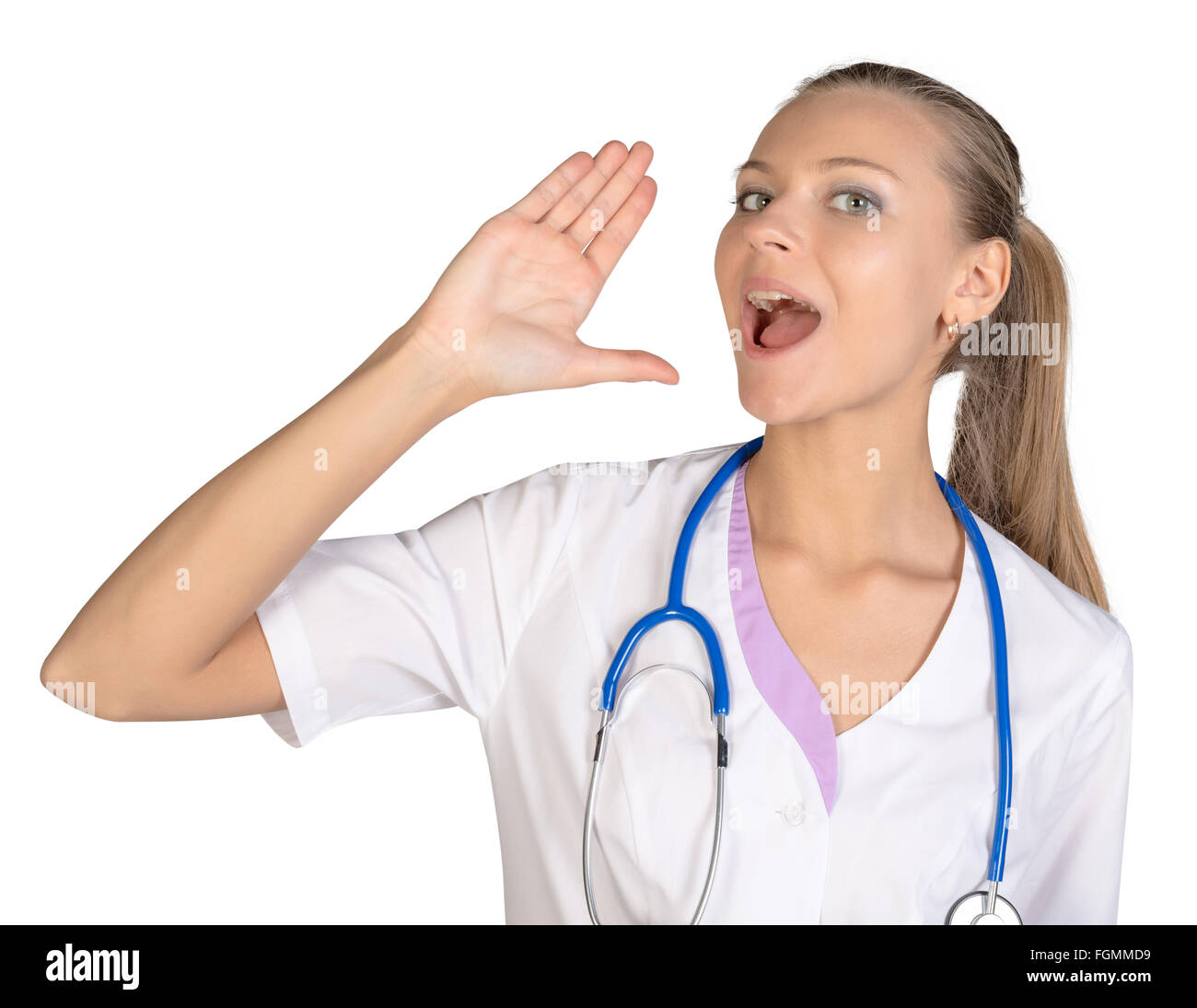 Montre stagiaire signe main cris dans la distance Banque D'Images