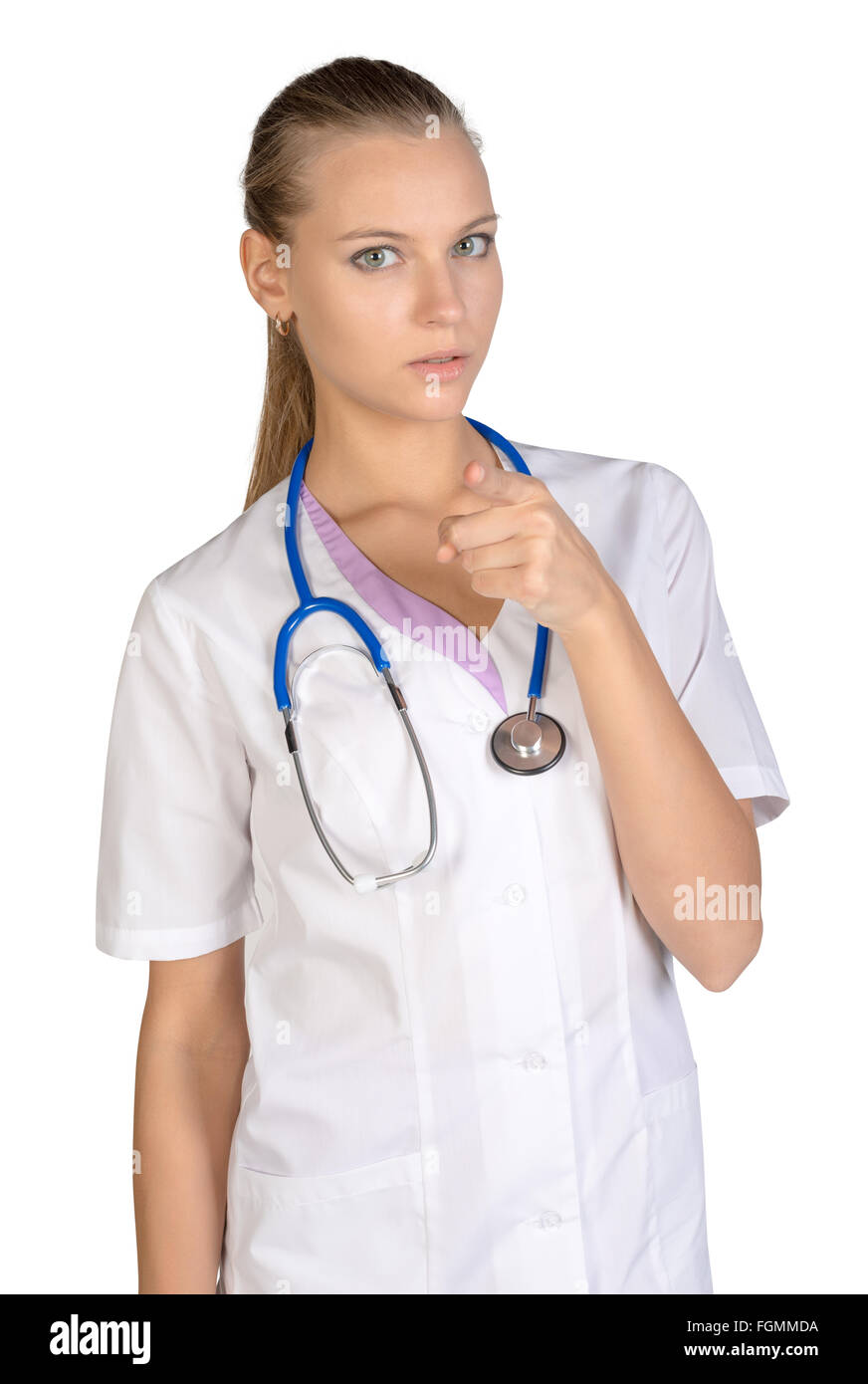 Stagiaire à huis clos montre l'index. Fond blanc Banque D'Images