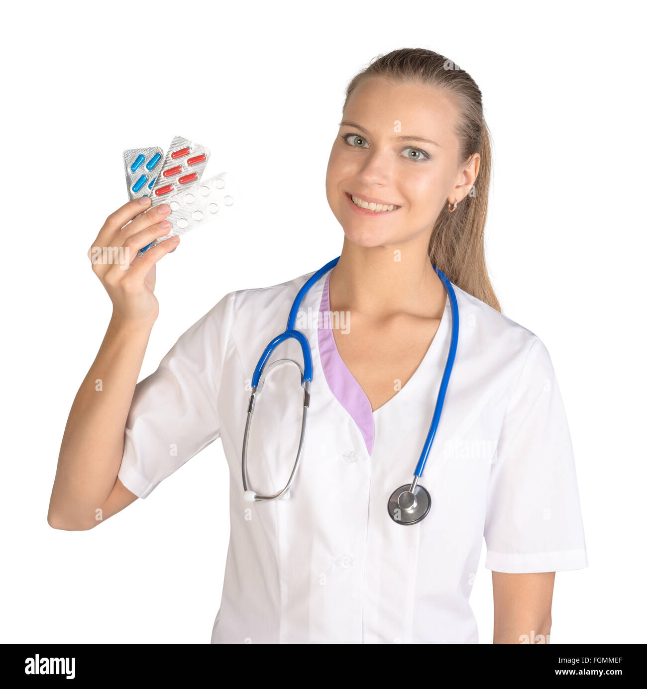 Femme médecin avec comp holding hand, isolé sur fond blanc Banque D'Images