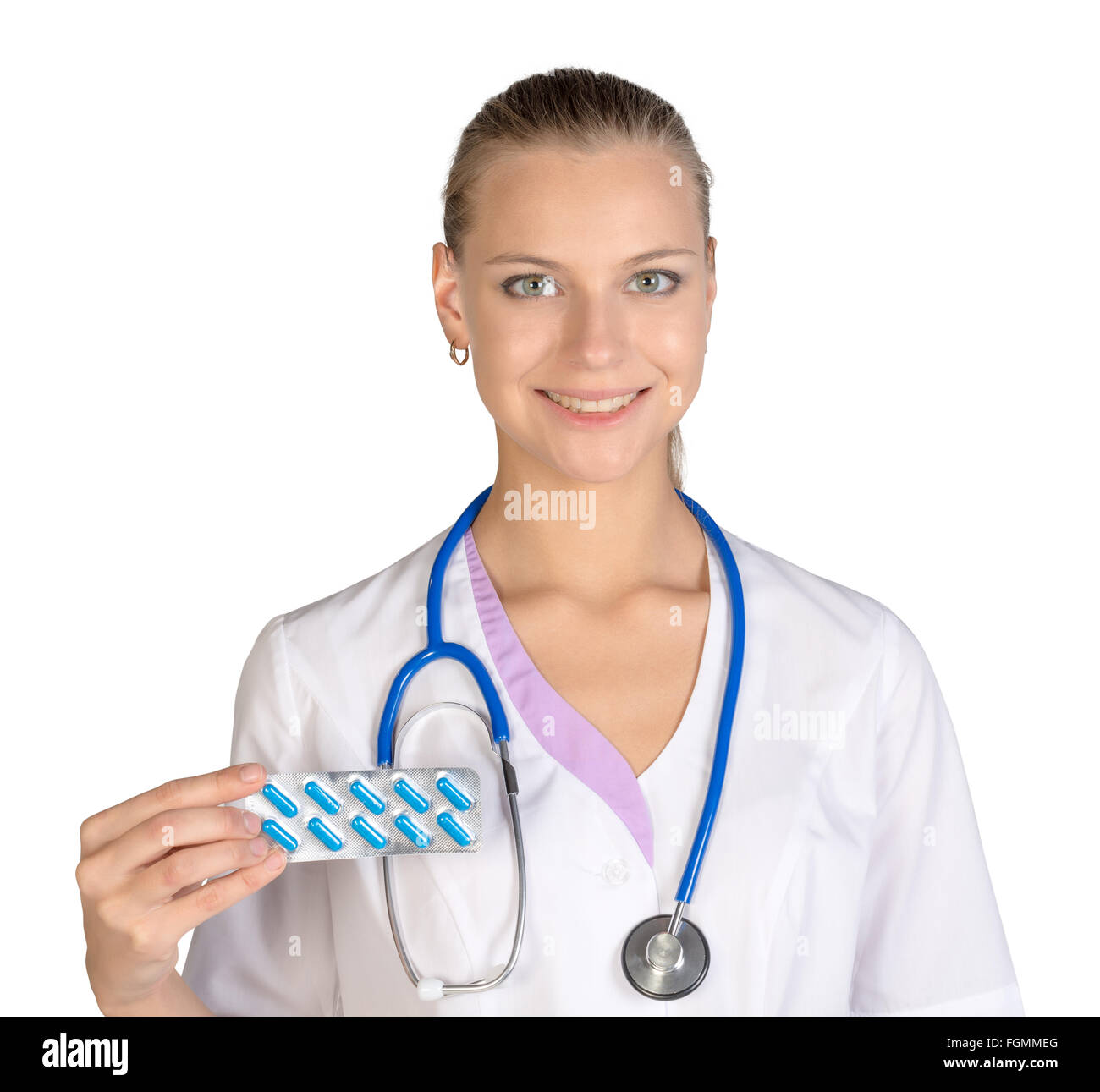 Femme médecin avec comp holding hand, isolé sur fond blanc Banque D'Images