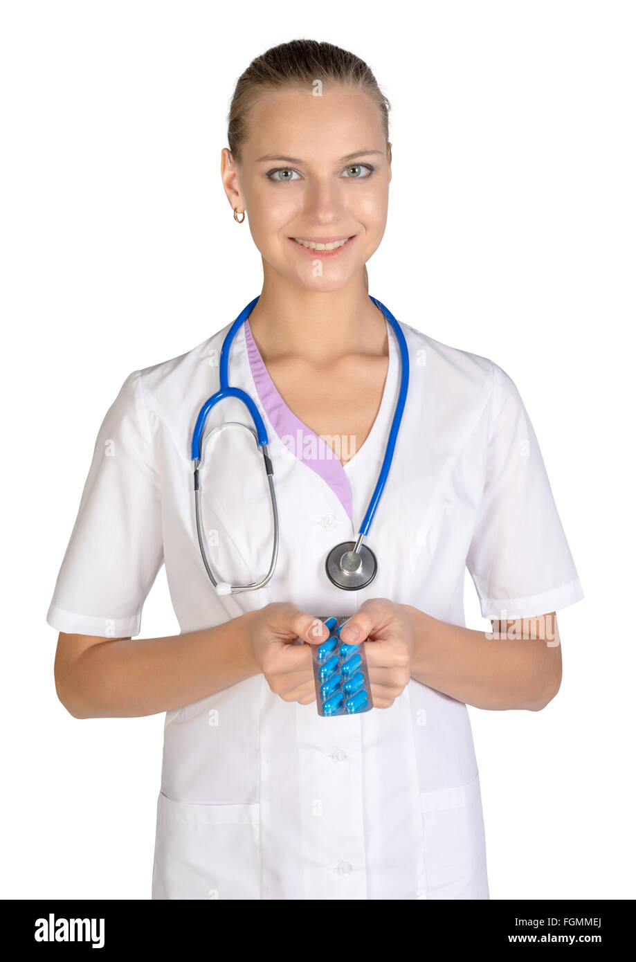 Femme médecin avec comp holding hand, isolé sur fond blanc Banque D'Images