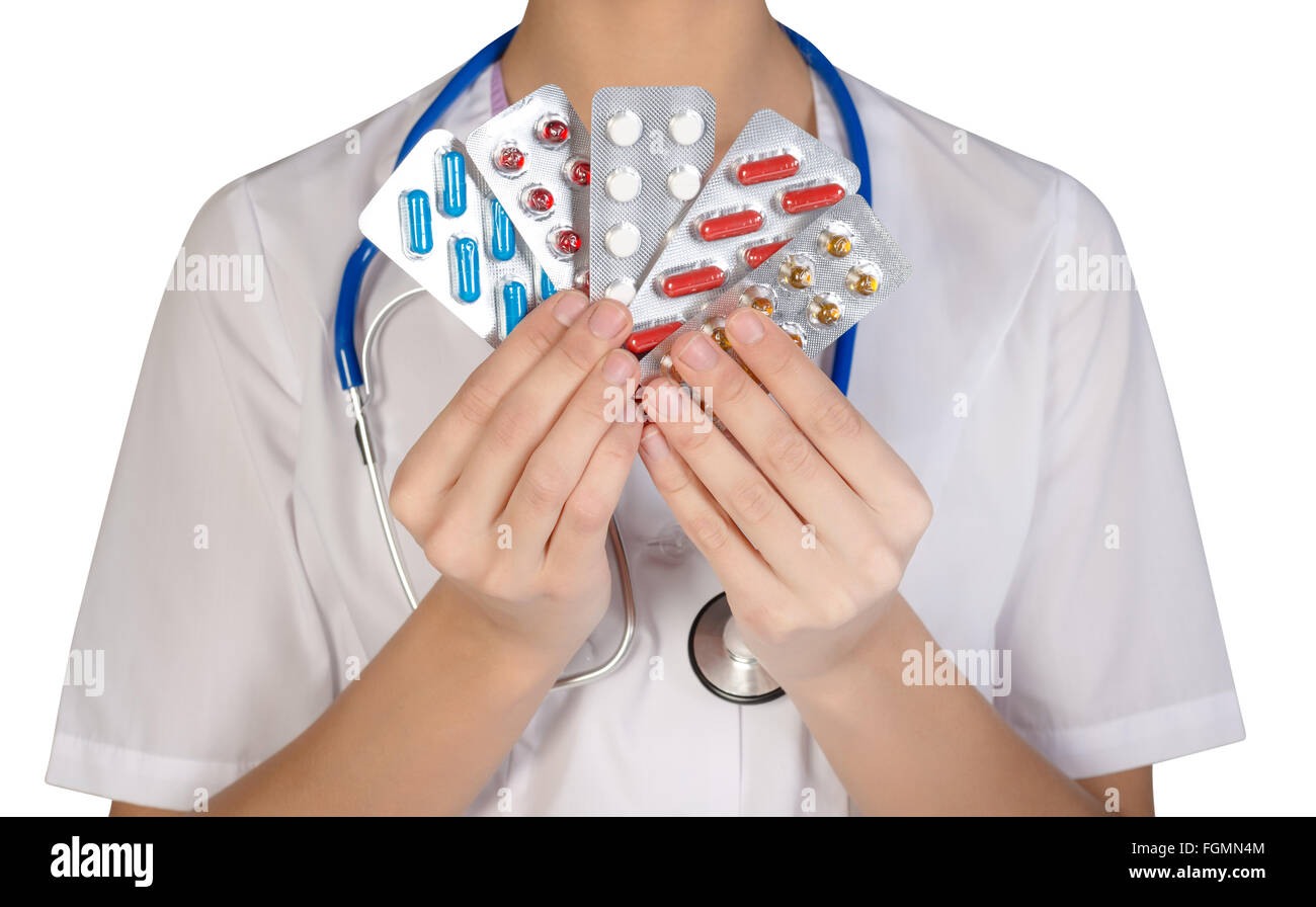 Femme médecin avec comp holding hand, isolé sur fond blanc Banque D'Images