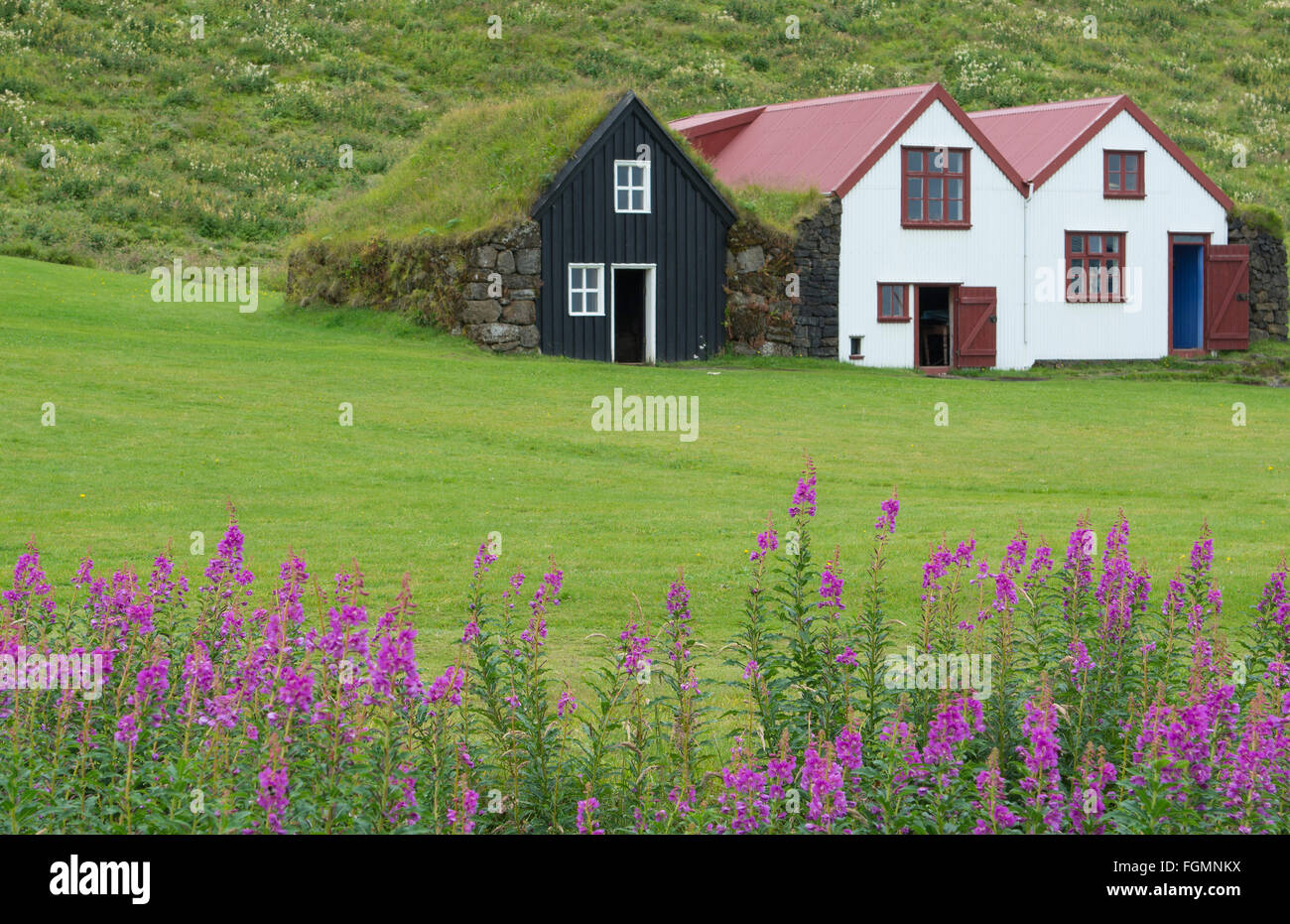 L'Islande Skogasafn Turf maisons et église dans le sud de l'Islande Vik Museum Musée pour touristes et maisons anciennes Banque D'Images